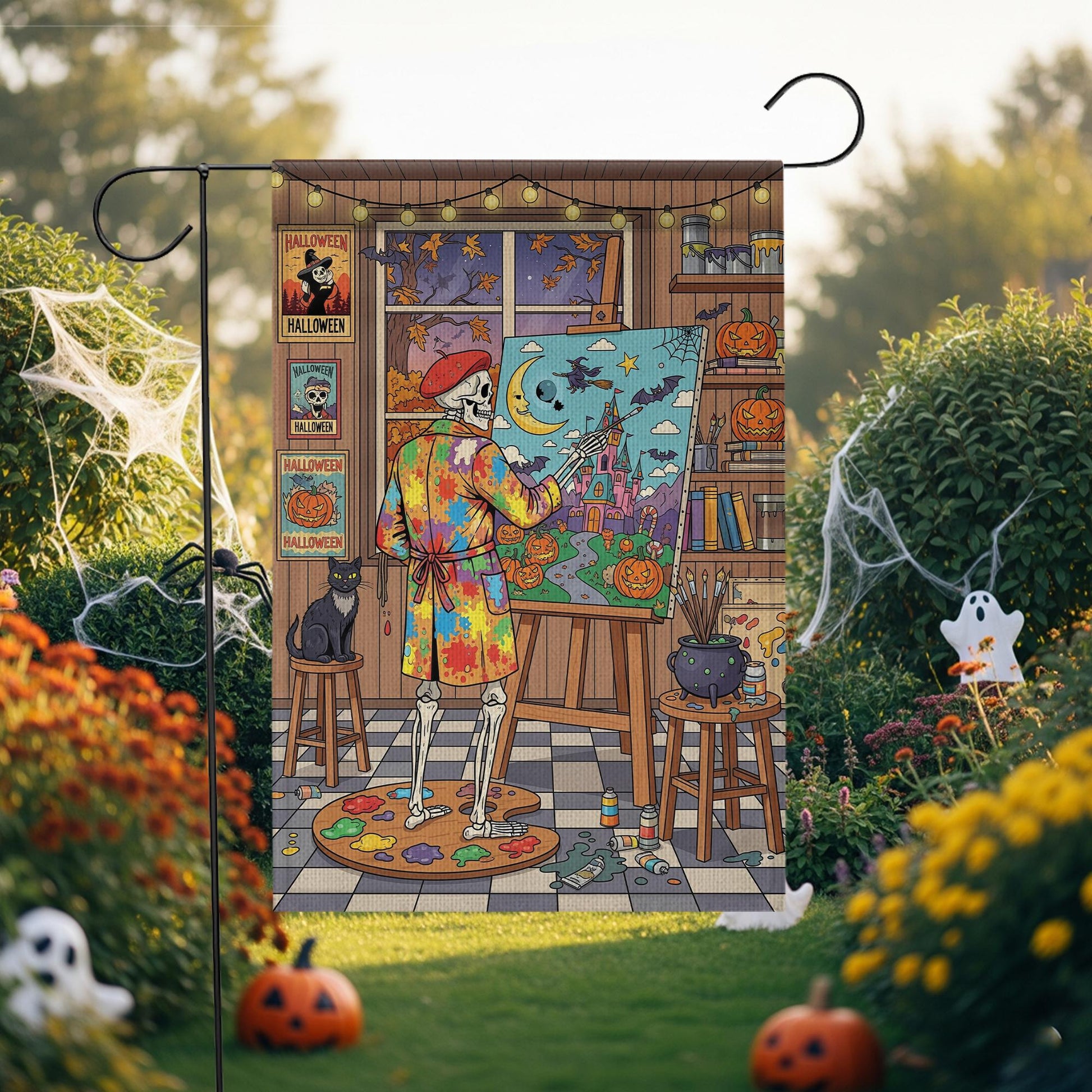 Halloween Skeleton Artist Garden Flag – Spooky Skeleton Painting Yard Decor, Autumn Halloween Outdoor Flag