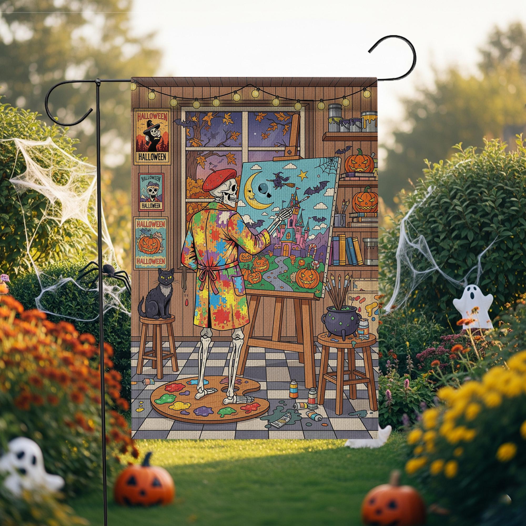 Halloween Skeleton Artist Garden Flag – Spooky Skeleton Painting Yard Decor, Autumn Halloween Outdoor Flag