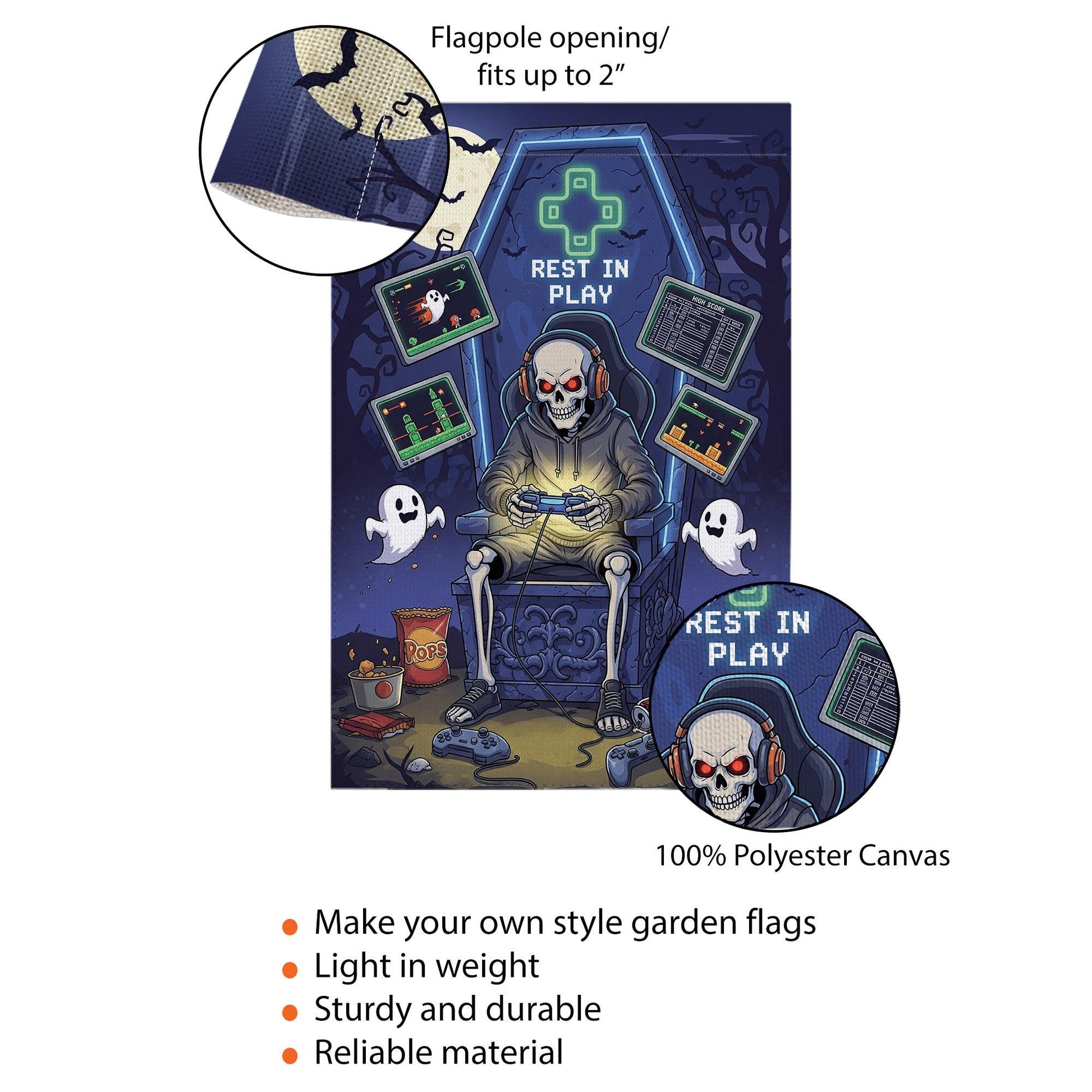 Rest in Play Skeleton Gamer Garden Flag – Halloween Game Decor, Spooky Yard Banner