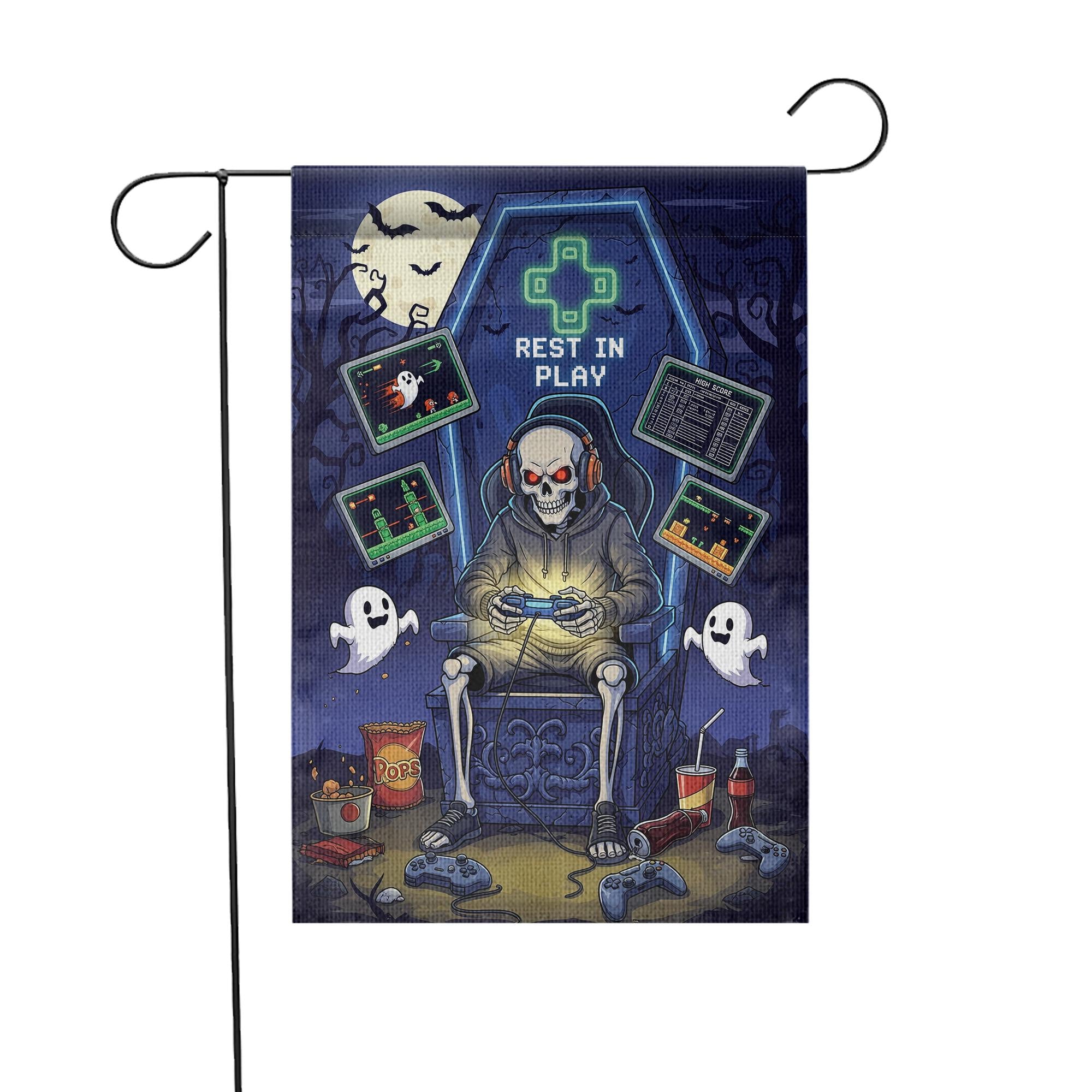 Rest in Play Skeleton Gamer Garden Flag – Halloween Game Decor, Spooky Yard Banner