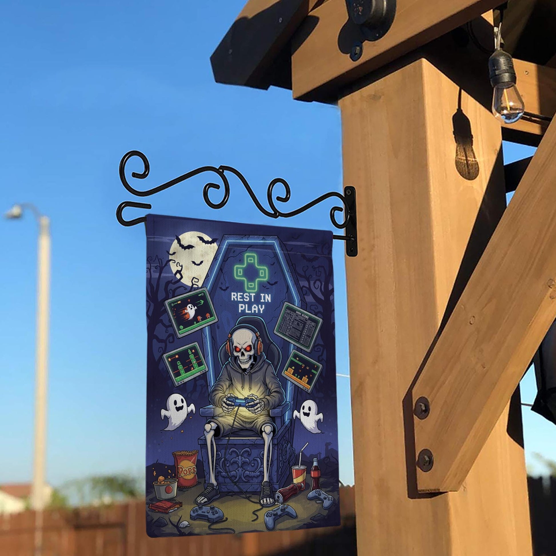 Rest in Play Skeleton Gamer Garden Flag – Halloween Game Decor, Spooky Yard Banner