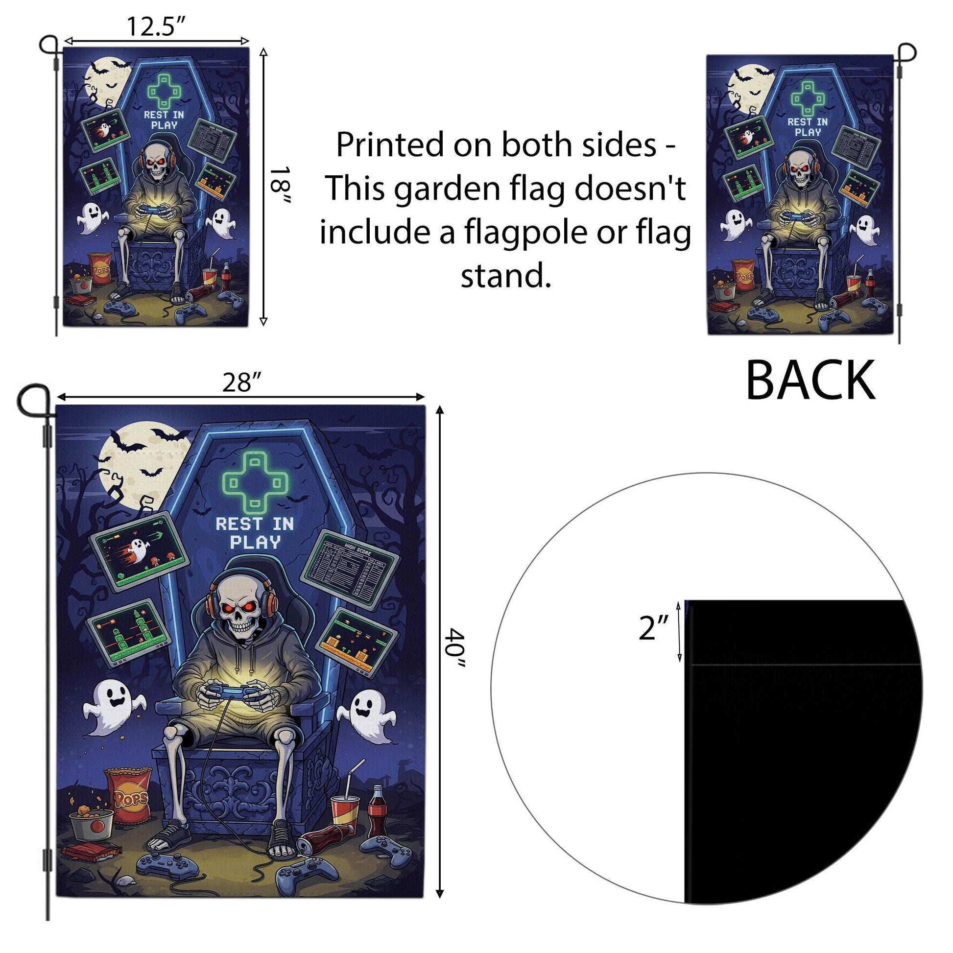 Rest in Play Skeleton Gamer Garden Flag – Halloween Game Decor, Spooky Yard Banner