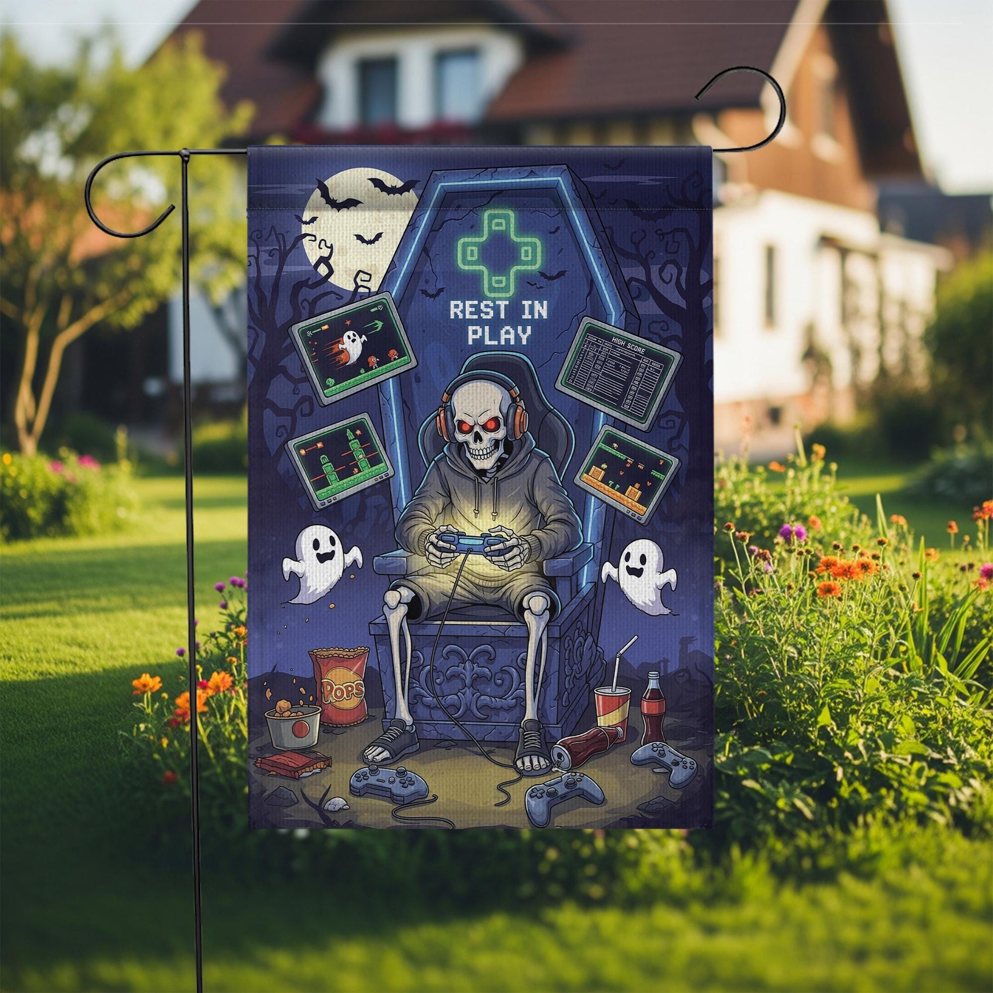 Rest in Play Skeleton Gamer Garden Flag – Halloween Game Decor, Spooky Yard Banner