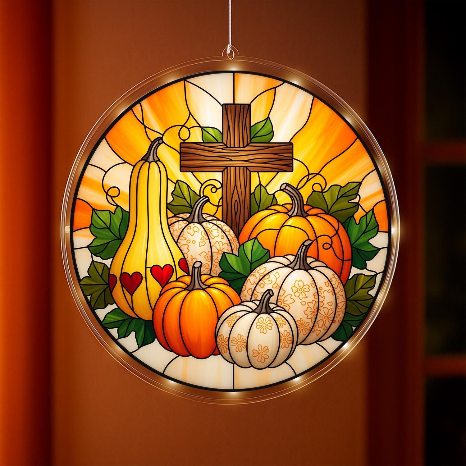 LED Hanging Cross with Pumpkins, Autumn Harvest Christian Window Light, Religious Fall Home Decor and Thanksgiving Gift, Fall Home Decor