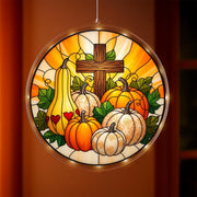 LED Hanging Cross with Pumpkins, Autumn Harvest Christian Window Light, Religious Fall Home Decor and Thanksgiving Gift, Fall Home Decor
