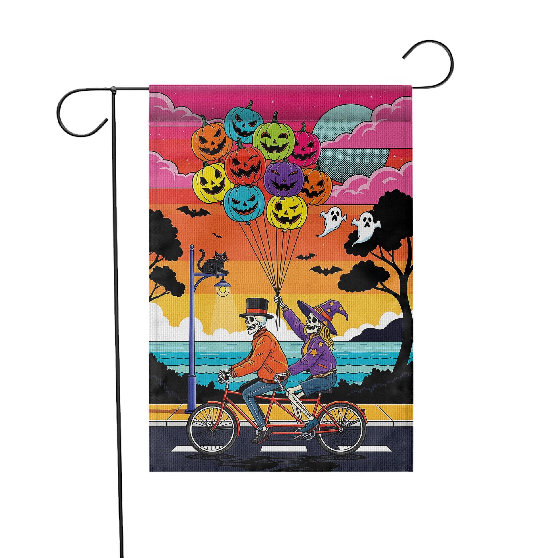 Halloween Skeleton Tandem Bike Flag – Spooky Pumpkin Balloon Garden Decor, Beach Sunset Yard Banner