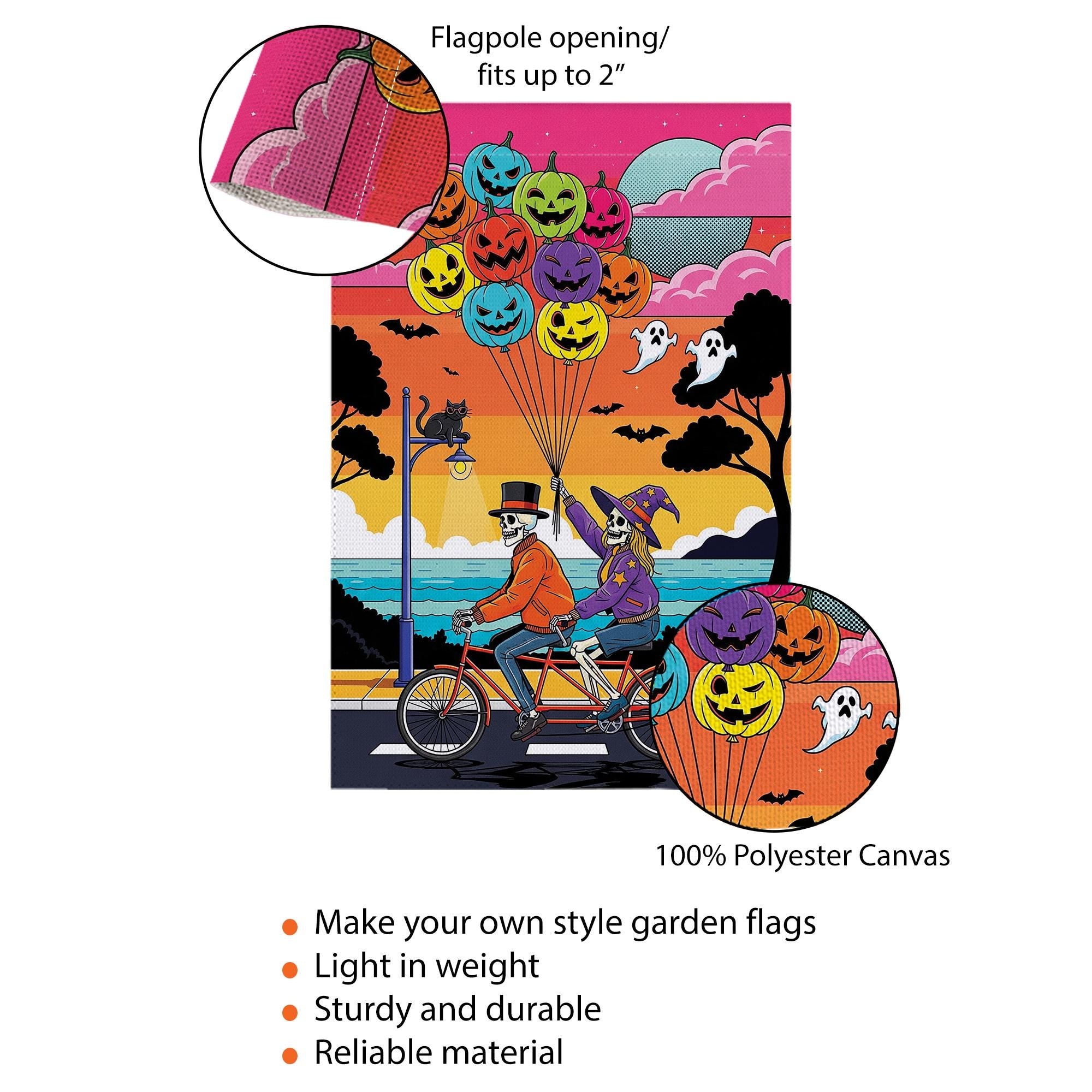 Halloween Skeleton Tandem Bike Flag – Spooky Pumpkin Balloon Garden Decor, Beach Sunset Yard Banner