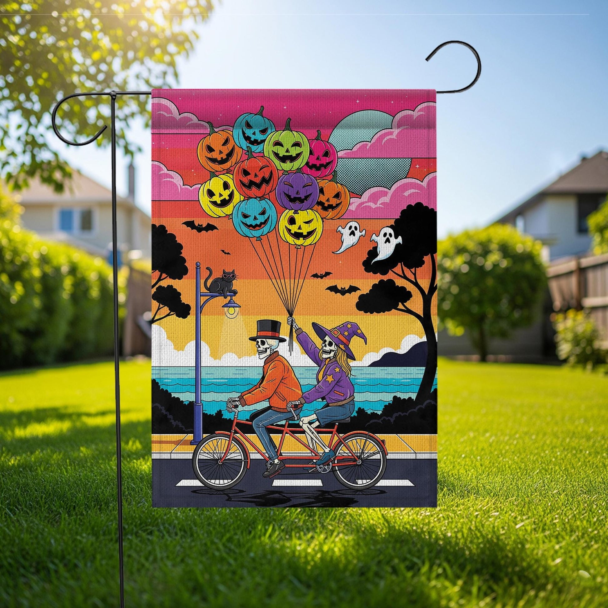 Halloween Skeleton Tandem Bike Flag – Spooky Pumpkin Balloon Garden Decor, Beach Sunset Yard Banner