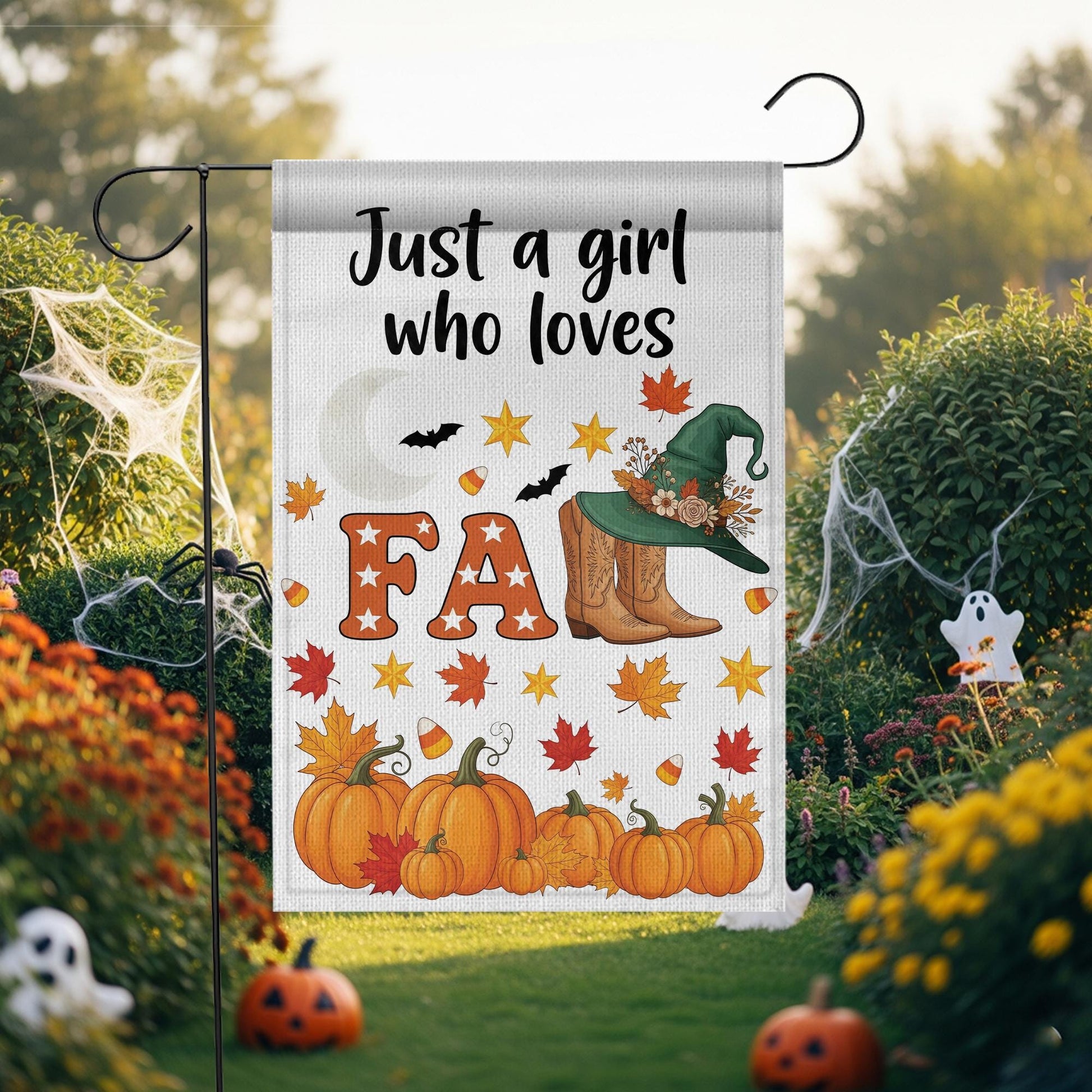 Just a Girl Who Loves Fall Garden Flag – Pumpkin Cozy Autumn Décor, Witch Hat & Boots Yard Banner