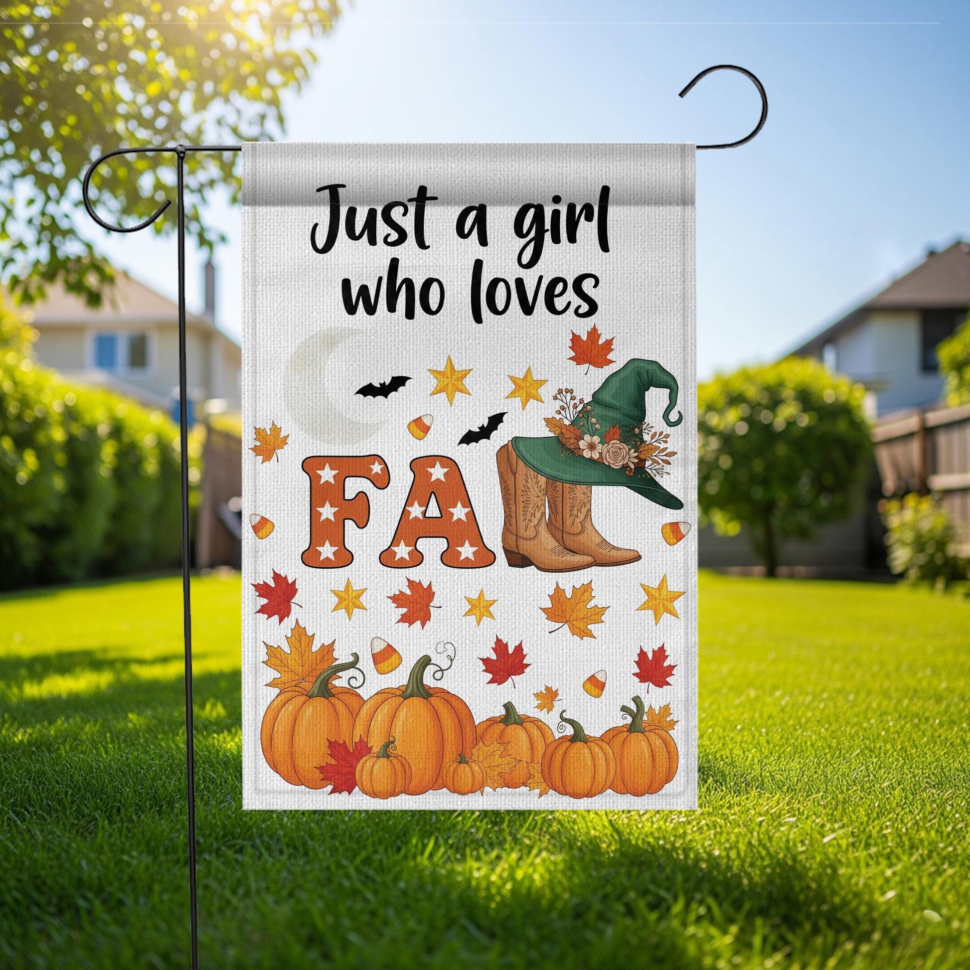 Just a Girl Who Loves Fall Garden Flag – Pumpkin Cozy Autumn Décor, Witch Hat & Boots Yard Banner