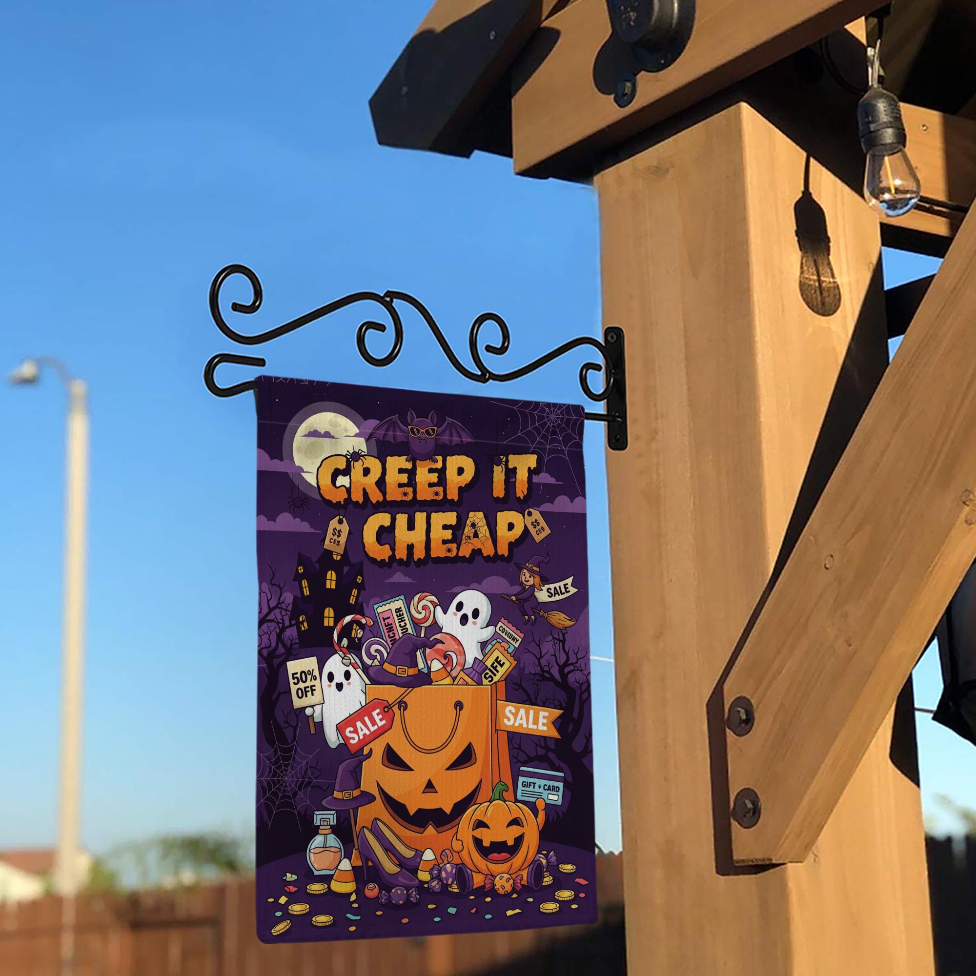 Creep It Cheap Halloween Flag – Spooky Sale Pumpkin Bag Garden Decor, Ghost Candy Yard Banner