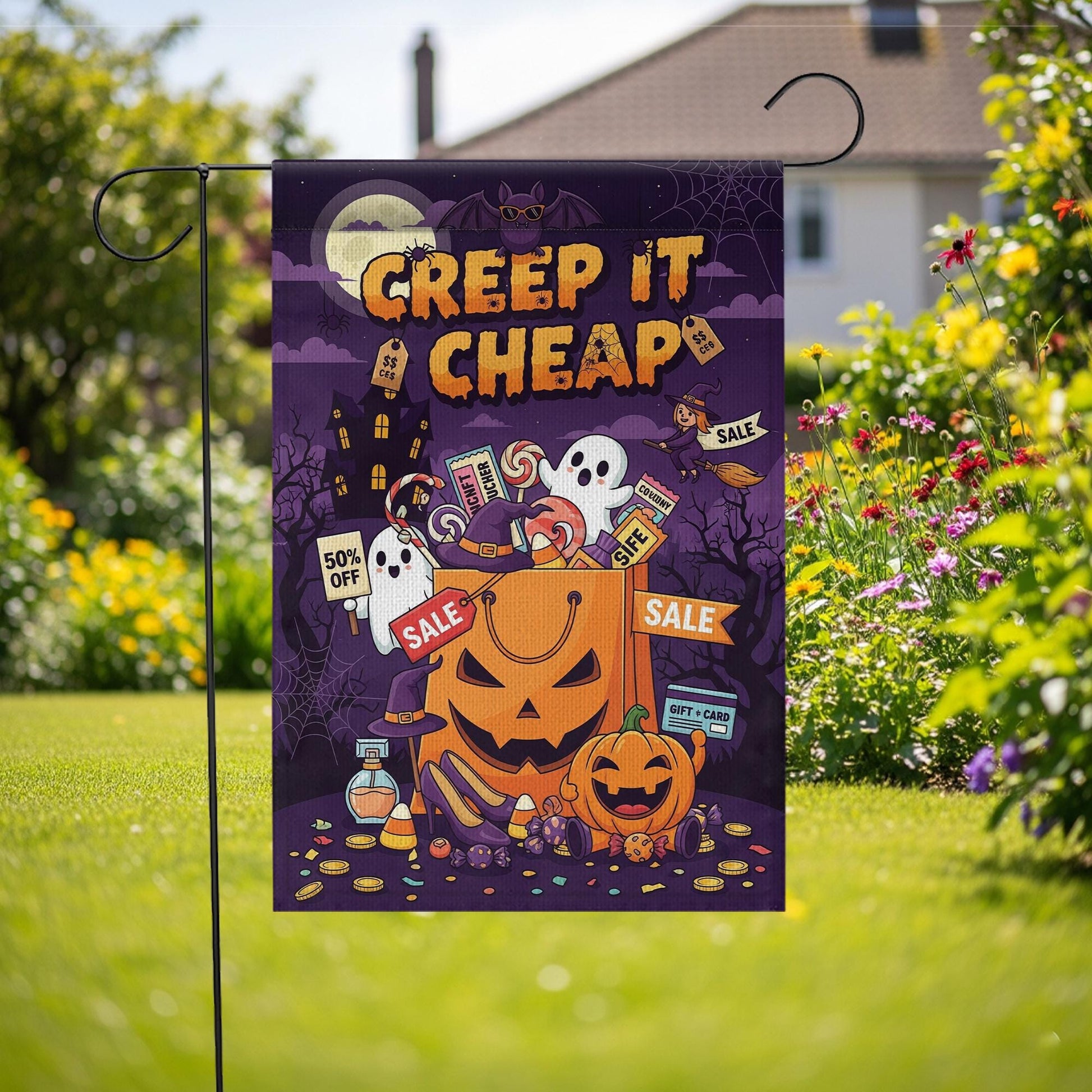 Creep It Cheap Halloween Flag – Spooky Sale Pumpkin Bag Garden Decor, Ghost Candy Yard Banner