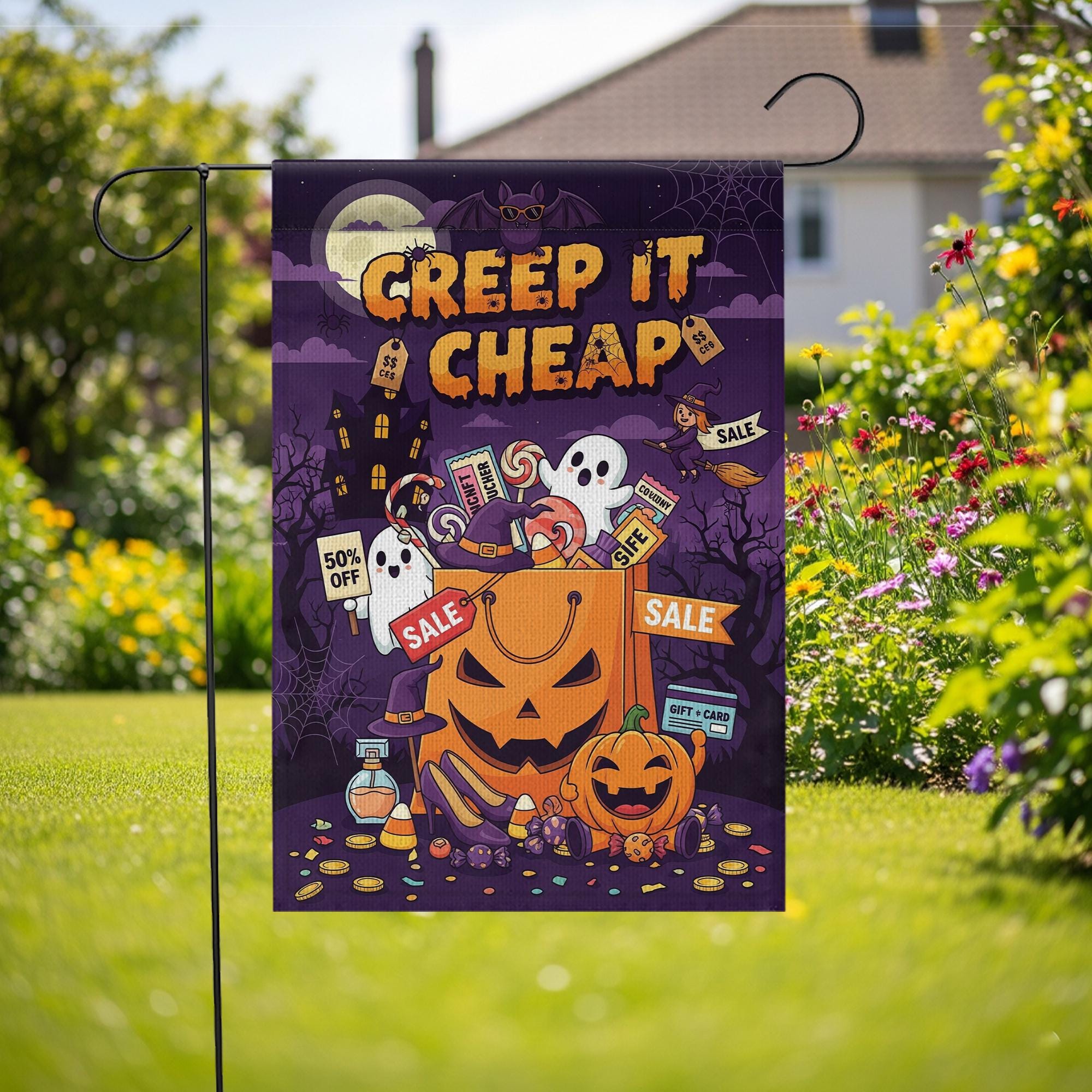 Creep It Cheap Halloween Flag – Spooky Sale Pumpkin Bag Garden Decor, Ghost Candy Yard Banner