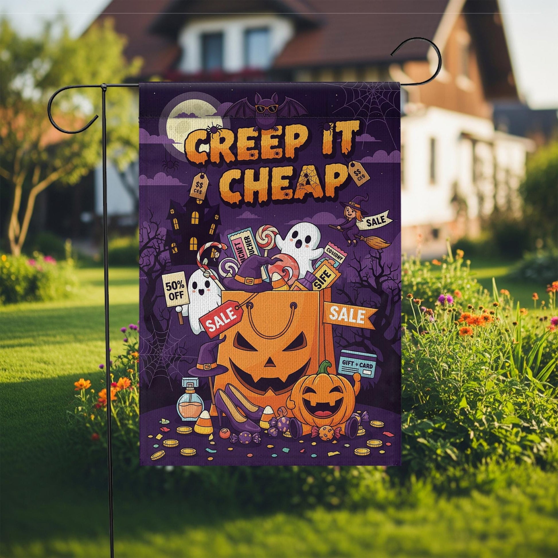 Creep It Cheap Halloween Flag – Spooky Sale Pumpkin Bag Garden Decor, Ghost Candy Yard Banner