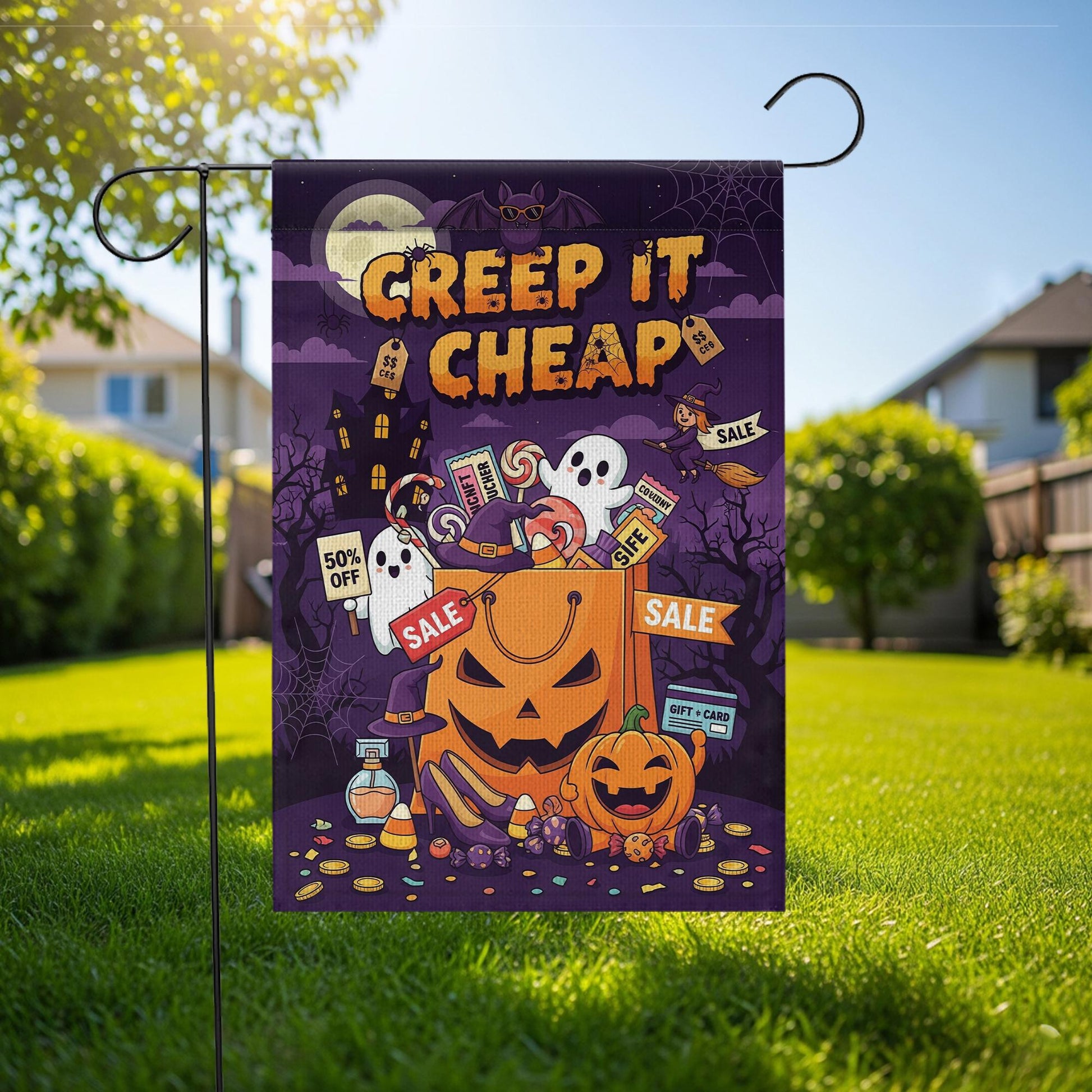 Creep It Cheap Halloween Flag – Spooky Sale Pumpkin Bag Garden Decor, Ghost Candy Yard Banner