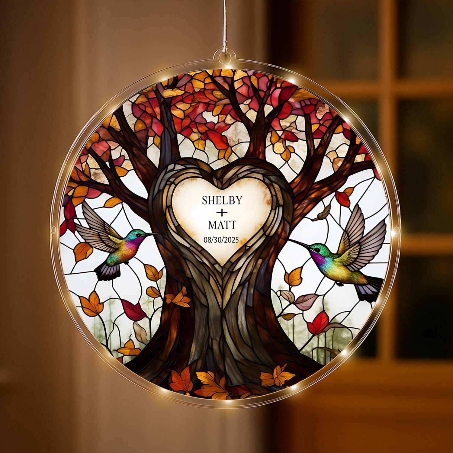Personalized LED Hanging, Custom Couple Name and Date, Tree of Life with Autumn Leaves and Hummingbirds Window Decor Gift, Couple Gift
