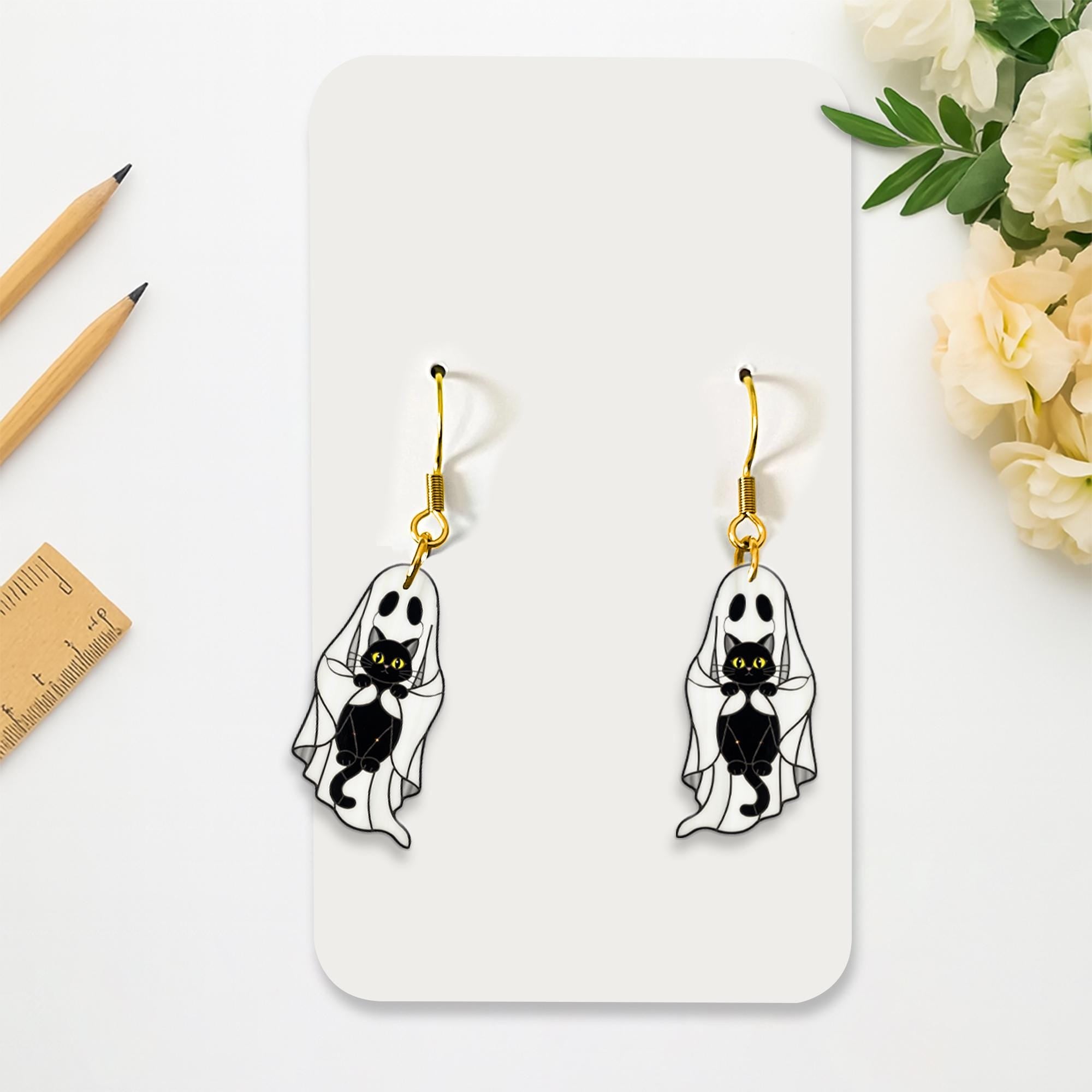 Halloween Black Cat Ghost Earrings, Spooky Cute Dangle Jewelry, Fun Fall Accessory for Women and Girls, Lightweight Gift, Cute Fall Gift
