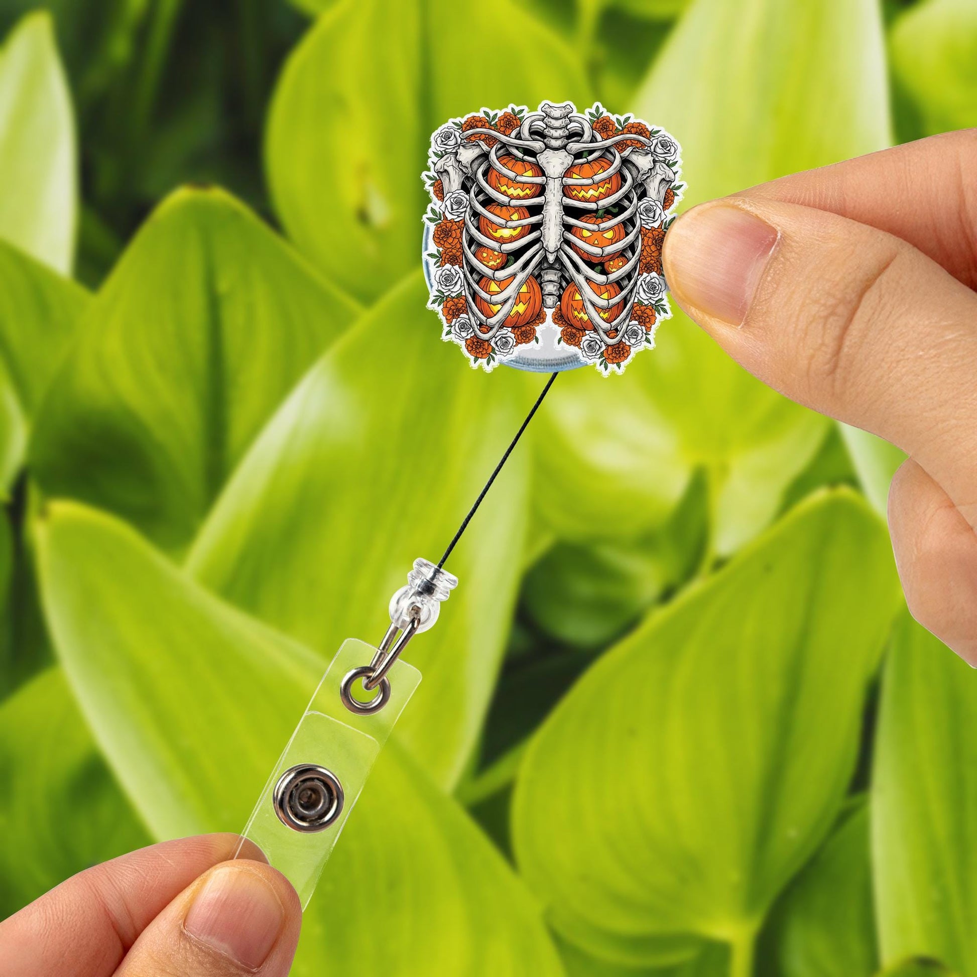Halloween Skeleton Ribcage Badge Reel, Pumpkin and Flower ID Holder, Spooky Cute Nurse and Teacher Accessory for Fall, Cute Nurse Badge ID