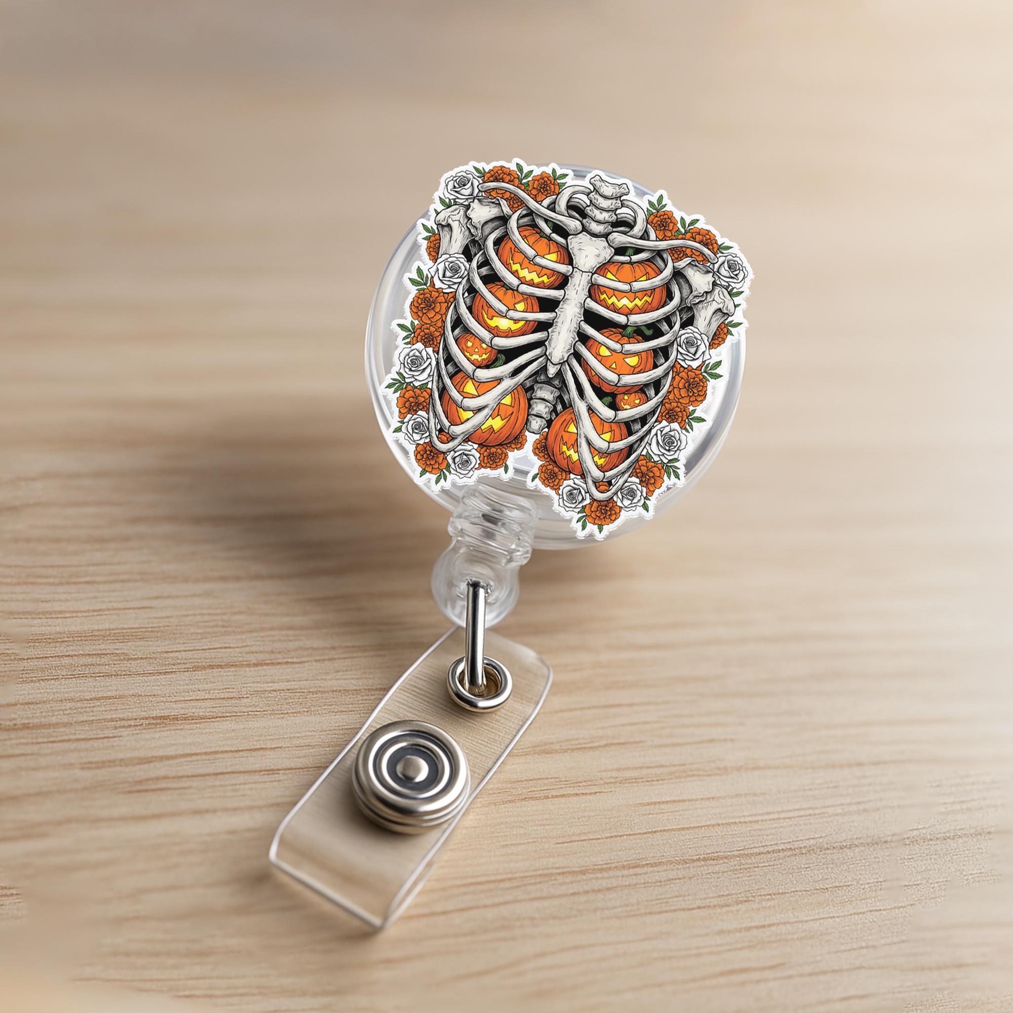 Halloween Skeleton Ribcage Badge Reel, Pumpkin and Flower ID Holder, Spooky Cute Nurse and Teacher Accessory for Fall, Cute Nurse Badge ID
