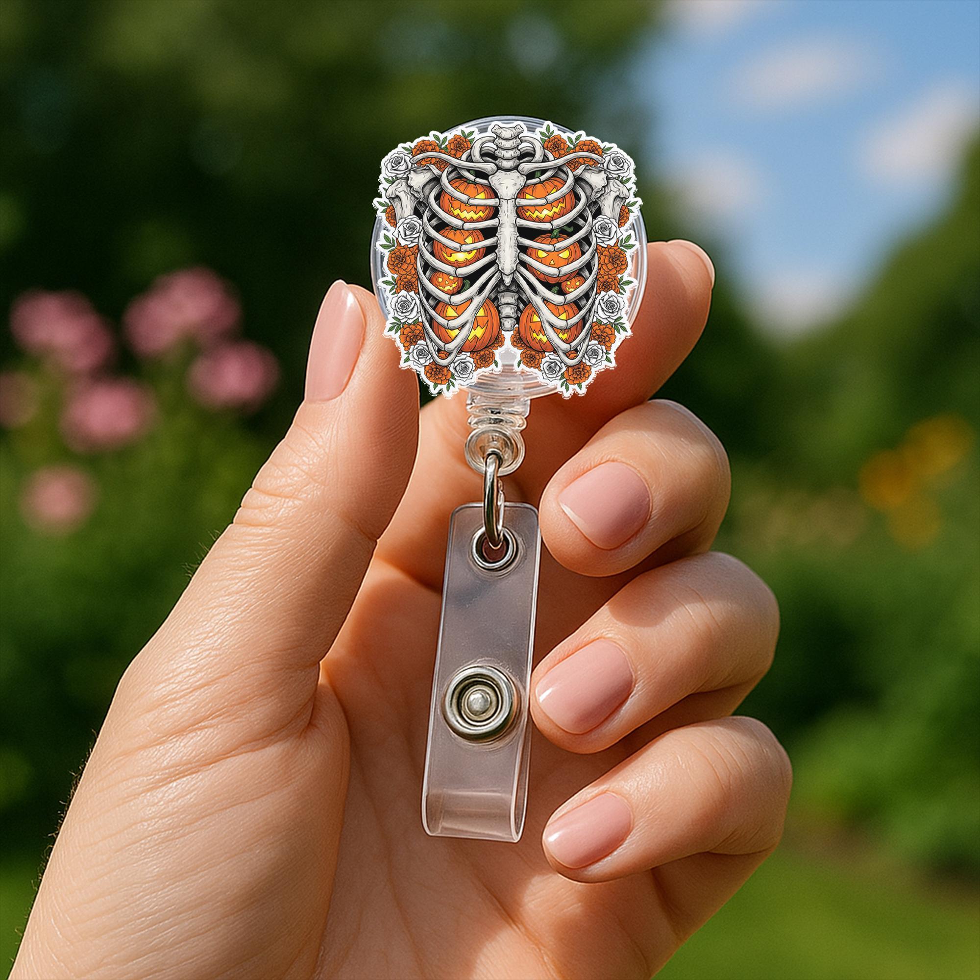 Halloween Skeleton Ribcage Badge Reel, Pumpkin and Flower ID Holder, Spooky Cute Nurse and Teacher Accessory for Fall, Cute Nurse Badge ID