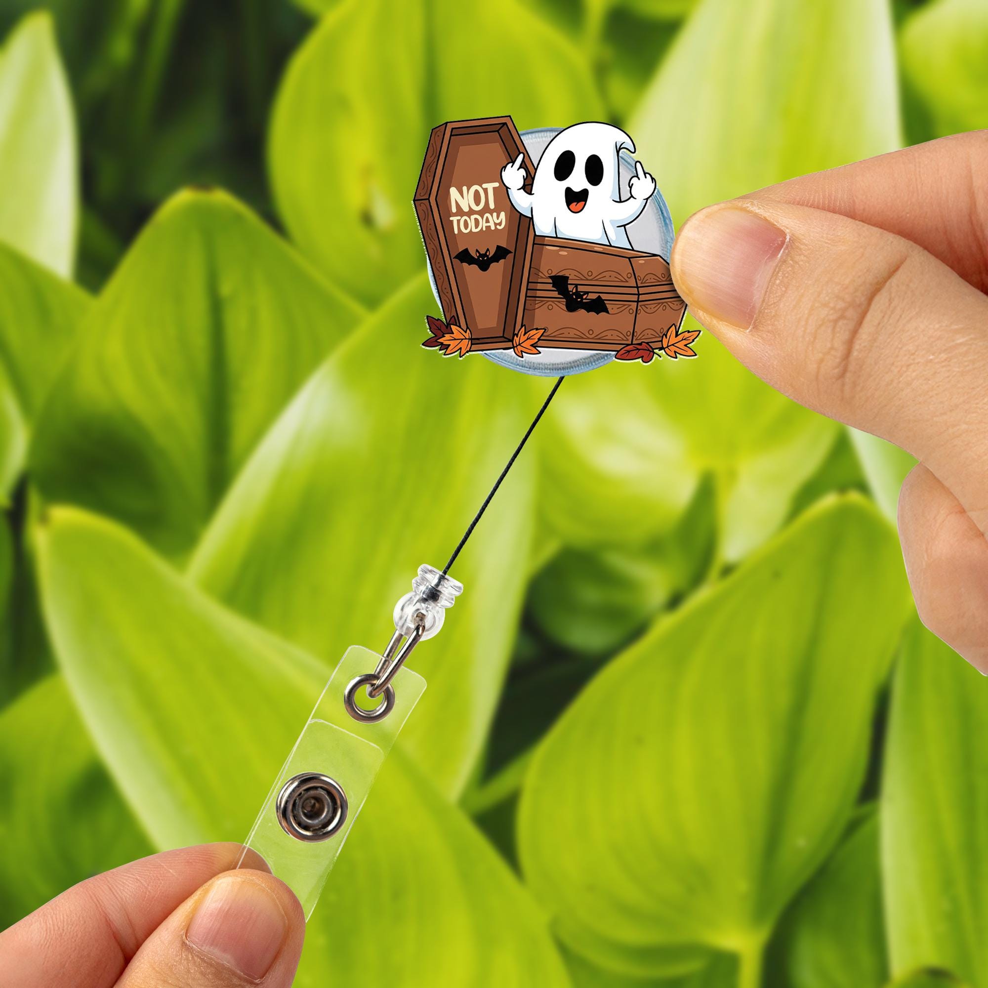 Halloween Ghost Coffin Badge Reel, Cute Spooky ID Holder with Fall Leaves, Fun Nurse and Teacher Accessory for Work, Cute Fall Gift Idea