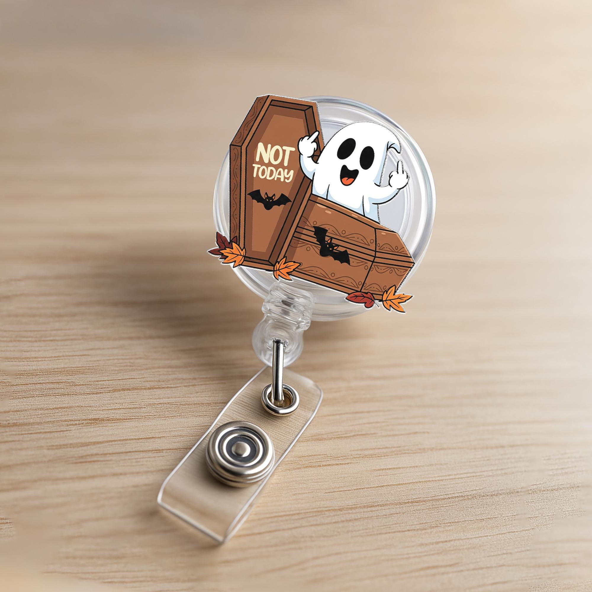 Halloween Ghost Coffin Badge Reel, Cute Spooky ID Holder with Fall Leaves, Fun Nurse and Teacher Accessory for Work, Cute Fall Gift Idea