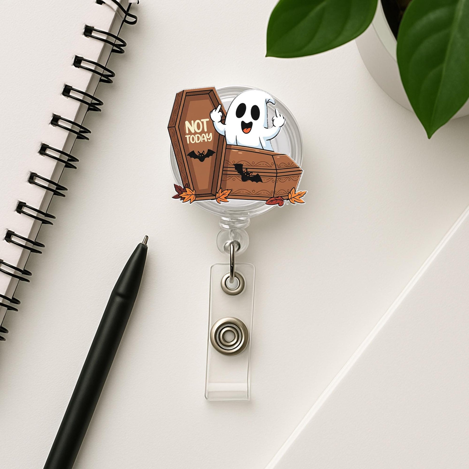 Halloween Ghost Coffin Badge Reel, Cute Spooky ID Holder with Fall Leaves, Fun Nurse and Teacher Accessory for Work, Cute Fall Gift Idea