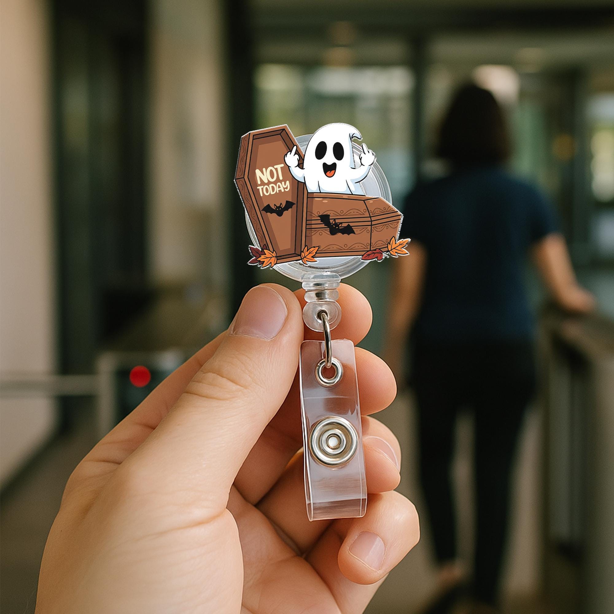 Halloween Ghost Coffin Badge Reel, Cute Spooky ID Holder with Fall Leaves, Fun Nurse and Teacher Accessory for Work, Cute Fall Gift Idea