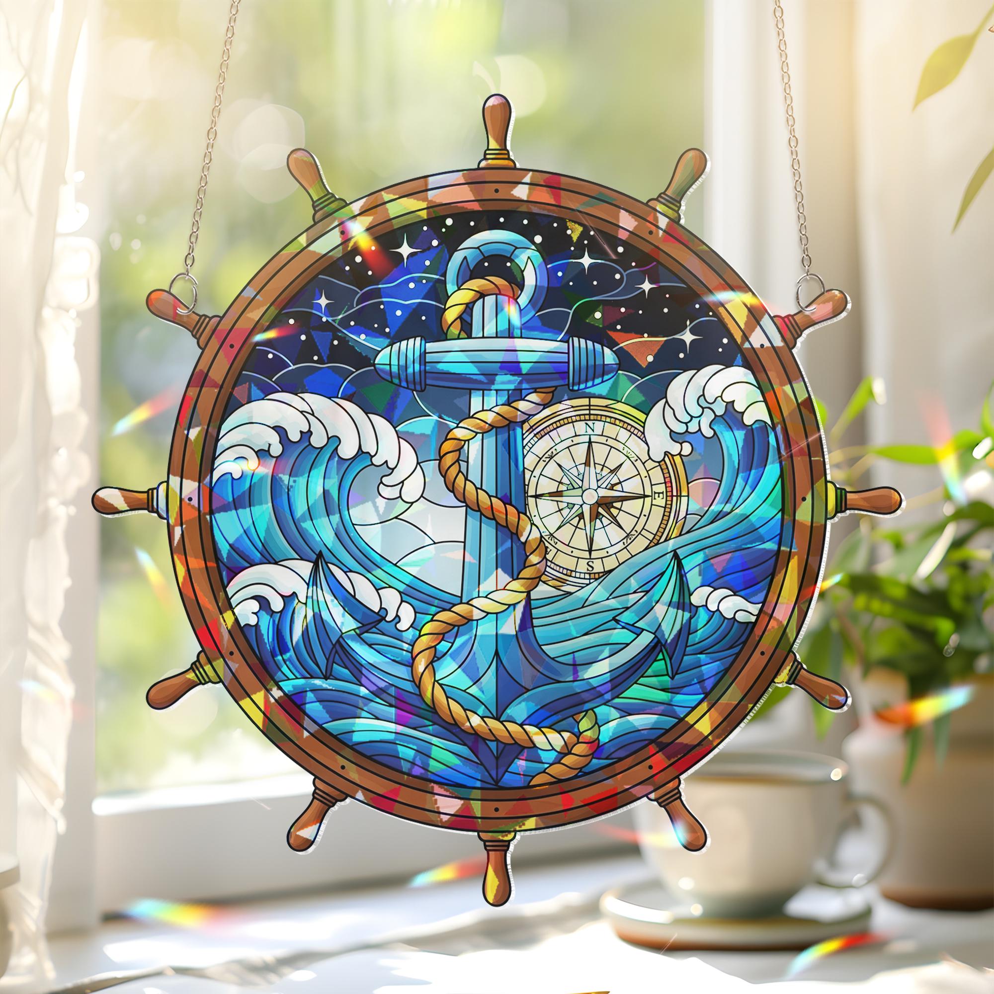 Acrylic Nautical Suncatcher, Ship Wheel with Anchor and Compass, Ocean Wave Window Hanging Coastal Maritime Home Decor