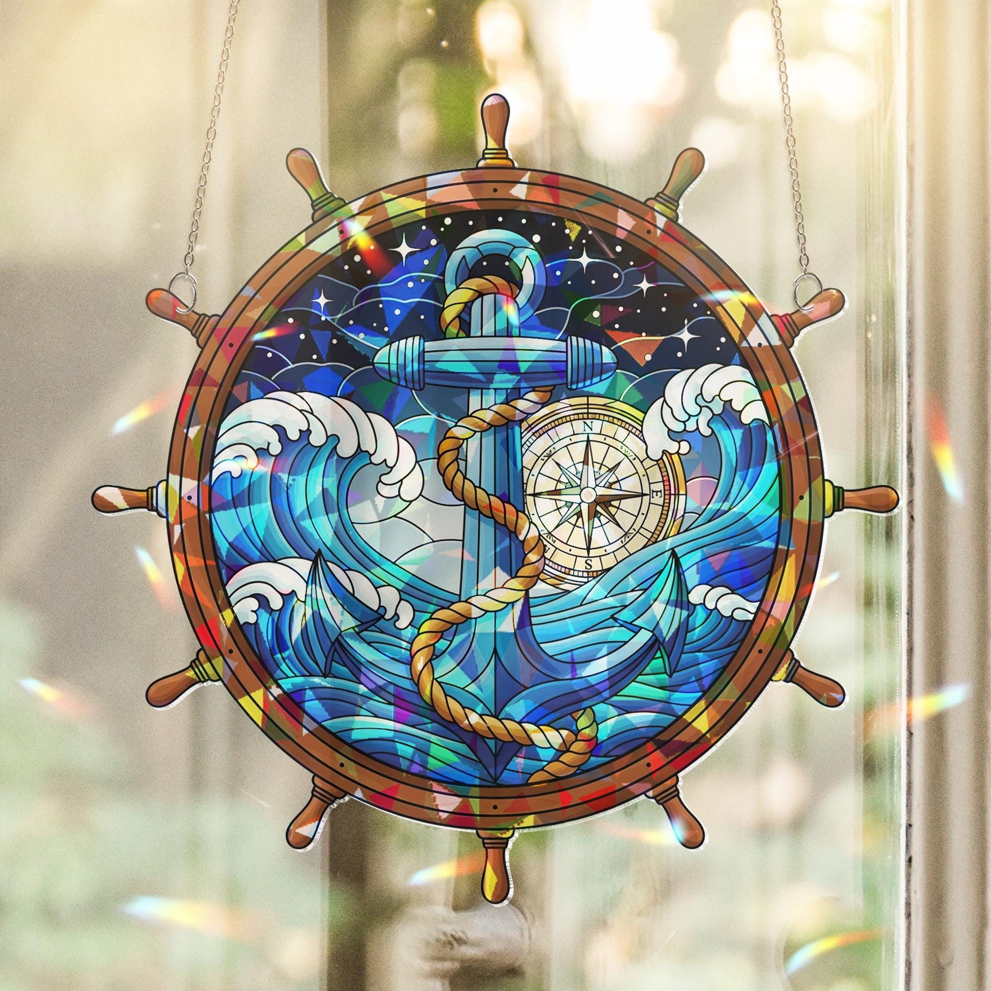 Acrylic Nautical Suncatcher, Ship Wheel with Anchor and Compass, Ocean Wave Window Hanging Coastal Maritime Home Decor