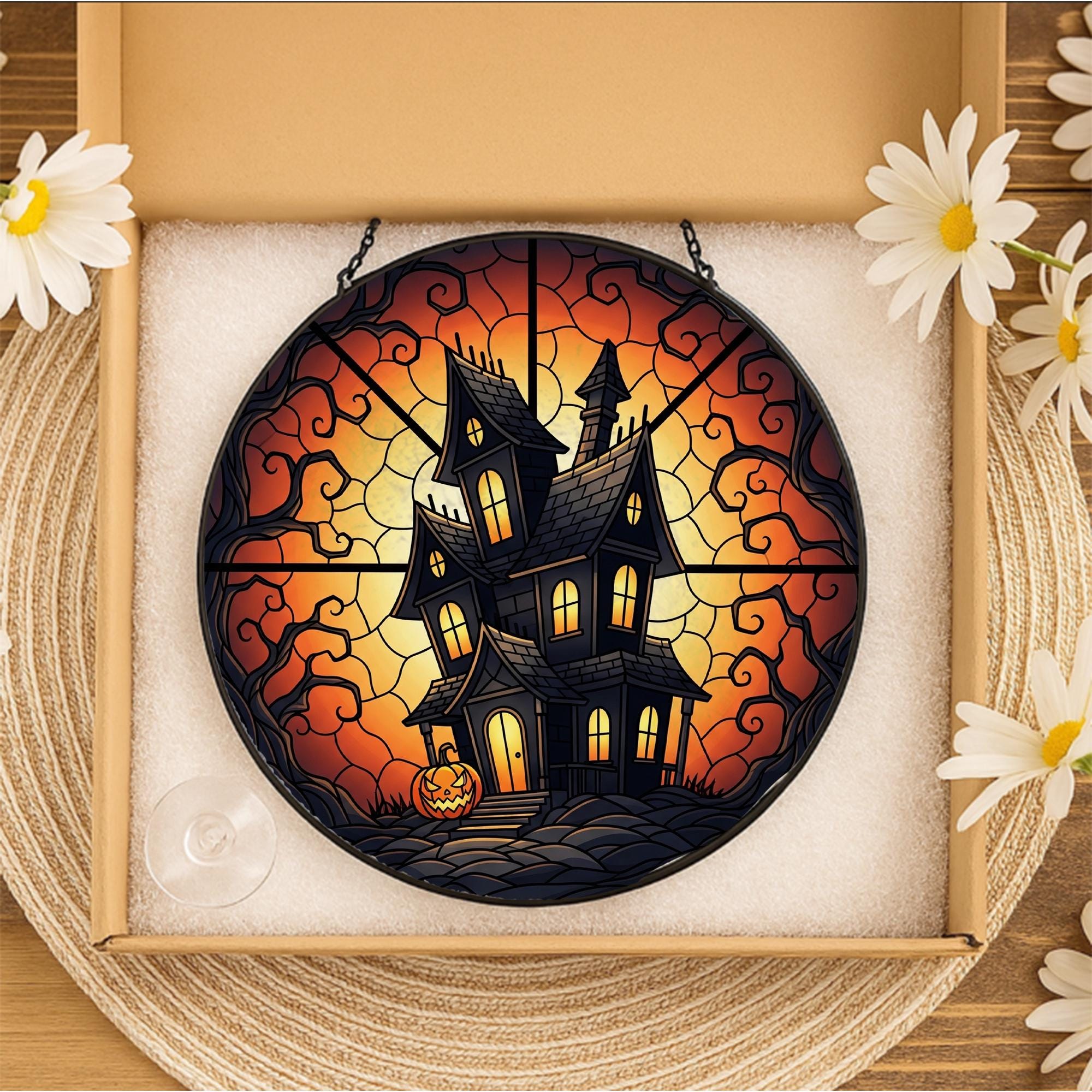 Halloween Round Suncatcher, Spooky Window Hanging Decoration with Pumpkin Scene, Autumn Sun Catcher for Home and Party Decor