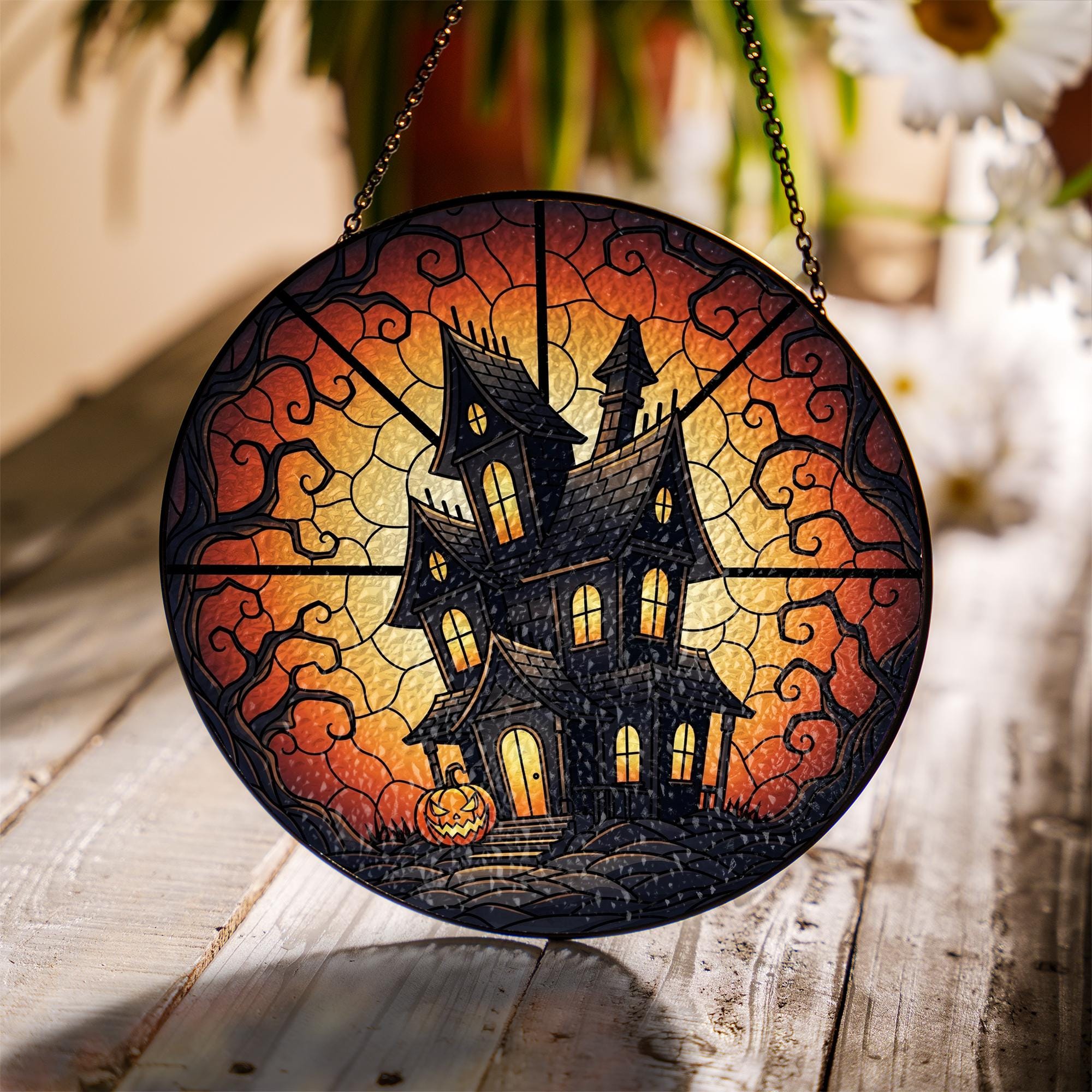 Halloween Round Suncatcher, Spooky Window Hanging Decoration with Pumpkin Scene, Autumn Sun Catcher for Home and Party Decor