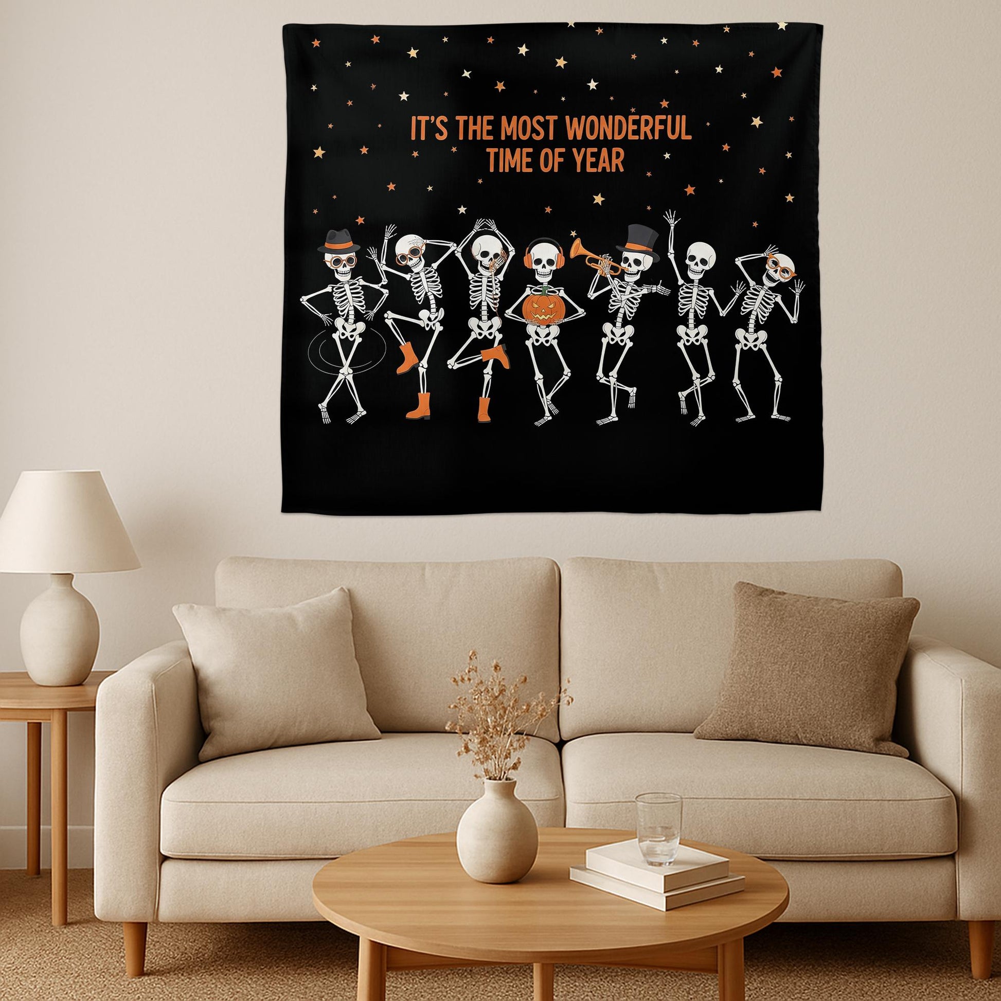 Halloween Skeleton Dance Wall Tapestry, Spooky Pumpkin Starry Night Hanging, Funny Autumn Party Room Decor