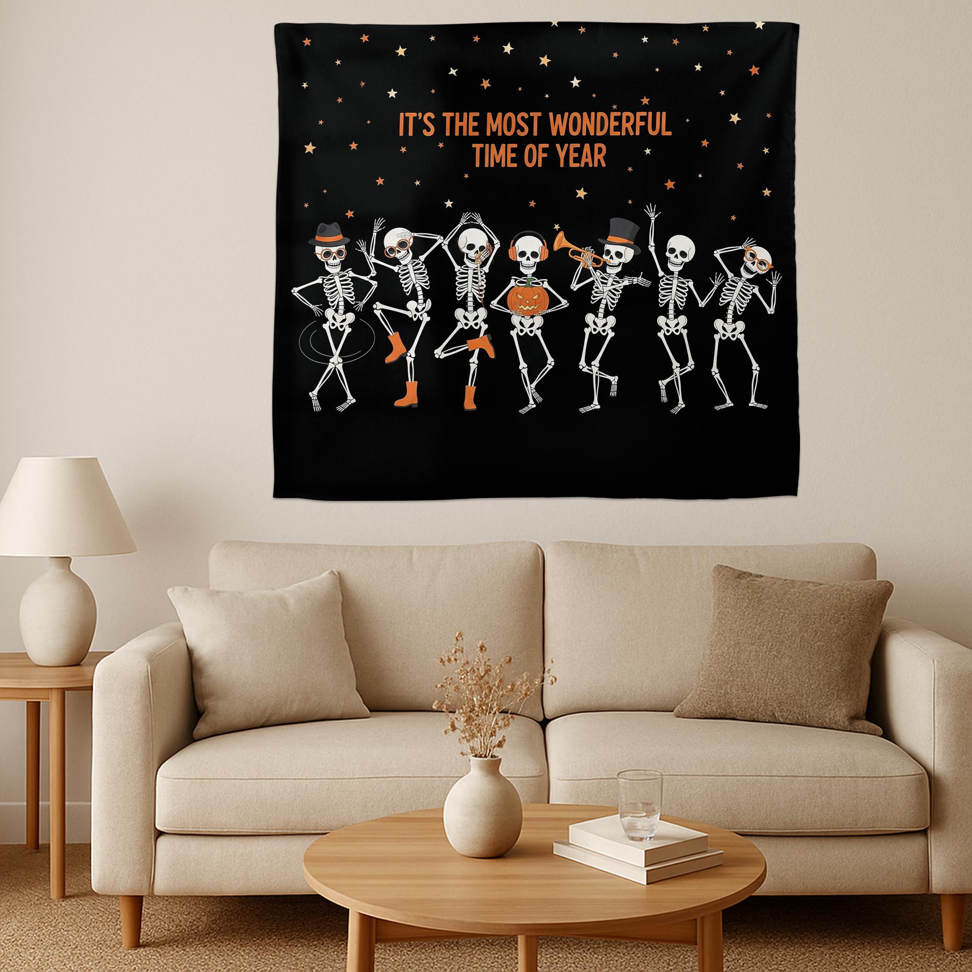 Halloween Skeleton Dance Wall Tapestry, Spooky Pumpkin Starry Night Hanging, Funny Autumn Party Room Decor