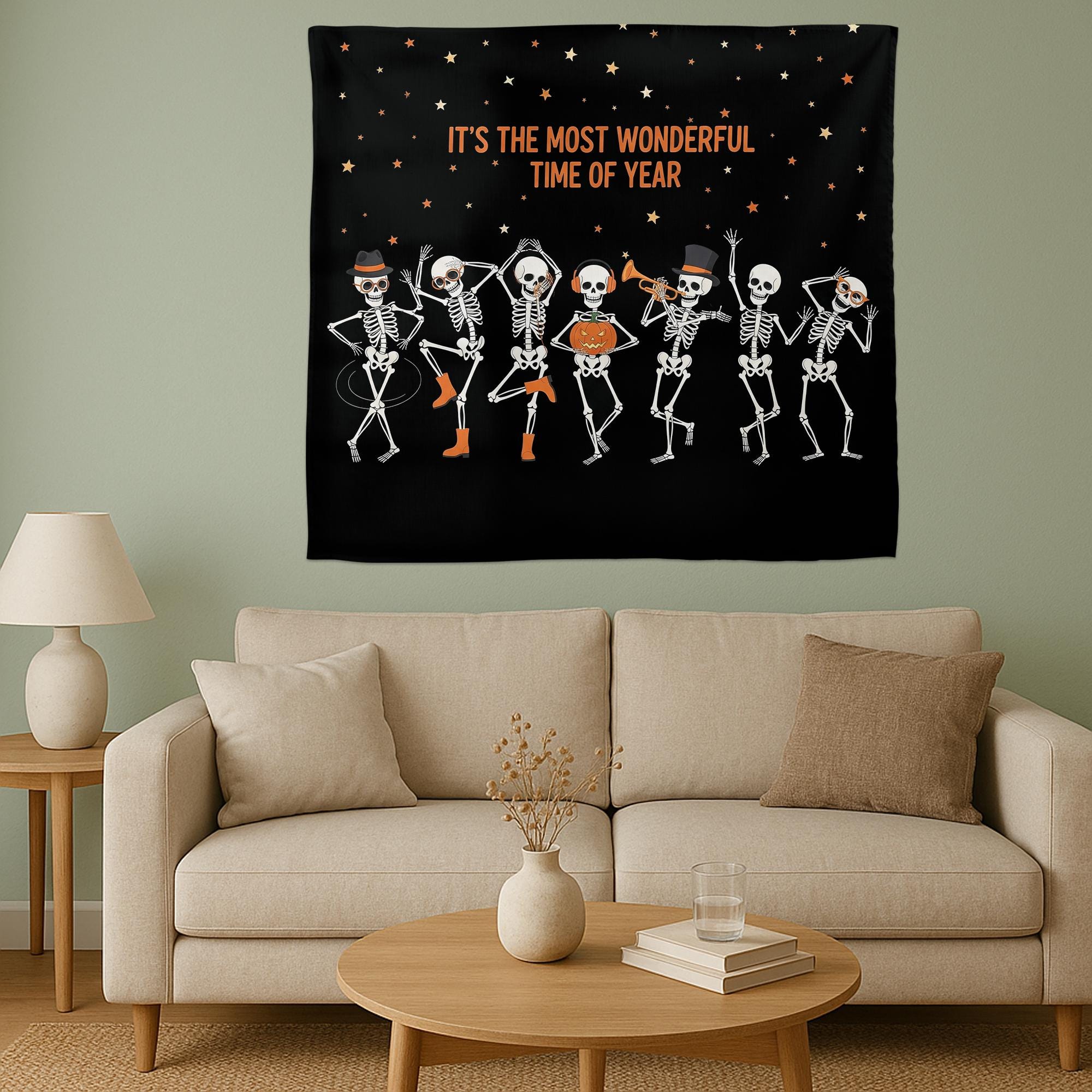 Halloween Skeleton Dance Wall Tapestry, Spooky Pumpkin Starry Night Hanging, Funny Autumn Party Room Decor