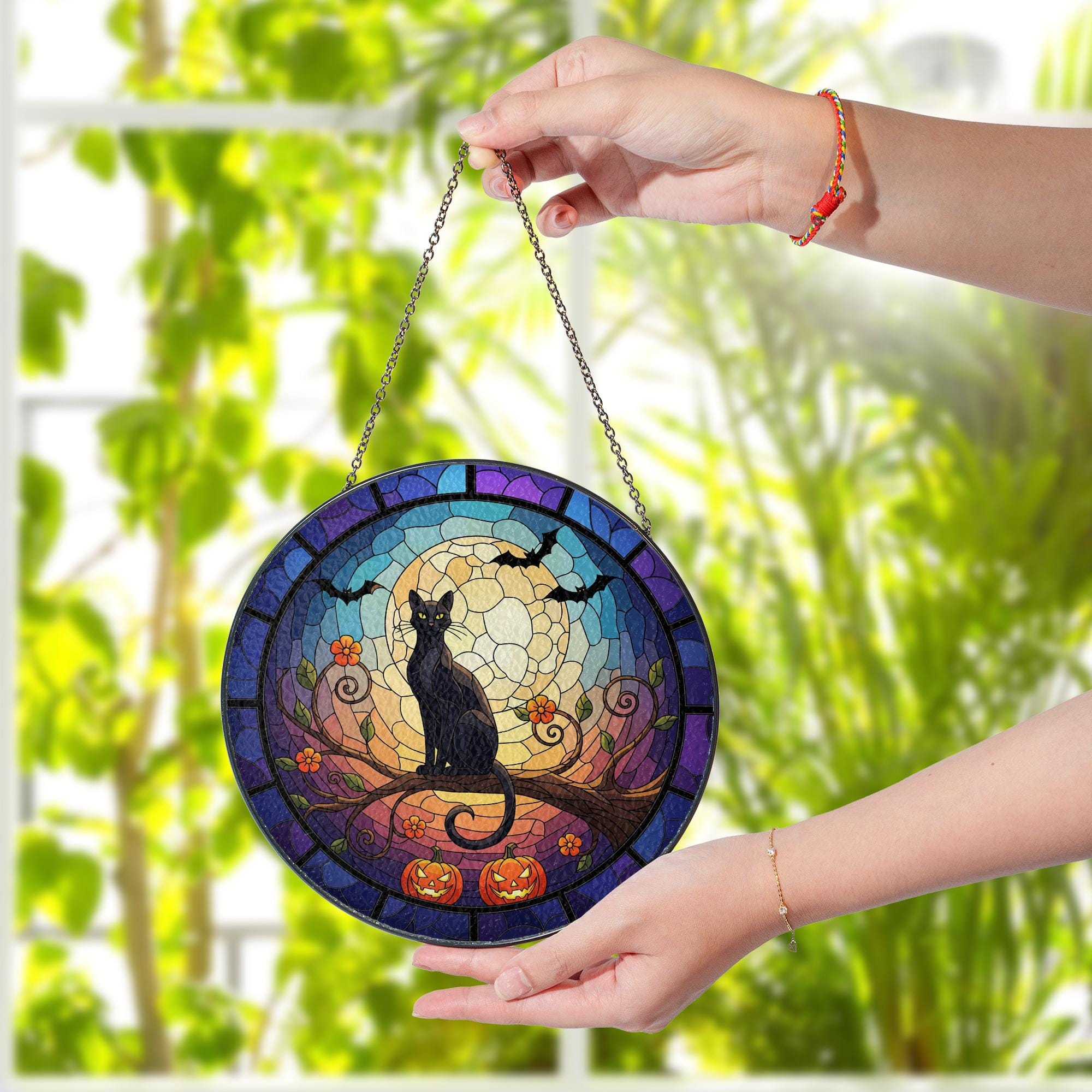 Halloween Black Cat Round Suncatcher, Pumpkin Moon Window Hanging Decoration, Spooky Autumn Sun Catcher for Home Decor