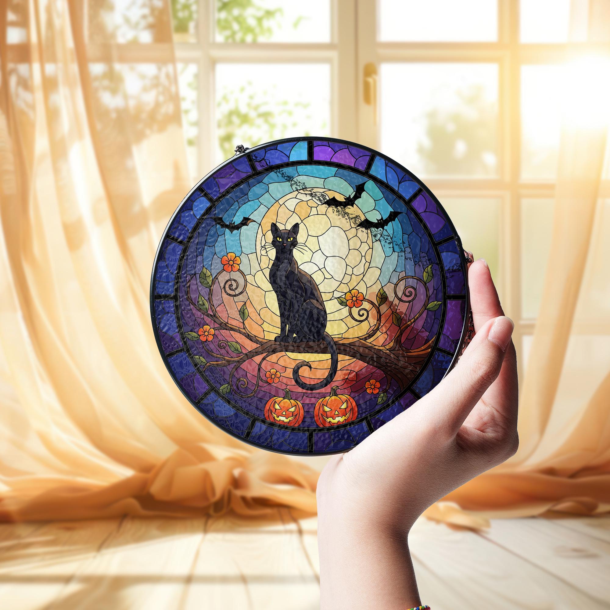 Halloween Black Cat Round Suncatcher, Pumpkin Moon Window Hanging Decoration, Spooky Autumn Sun Catcher for Home Decor