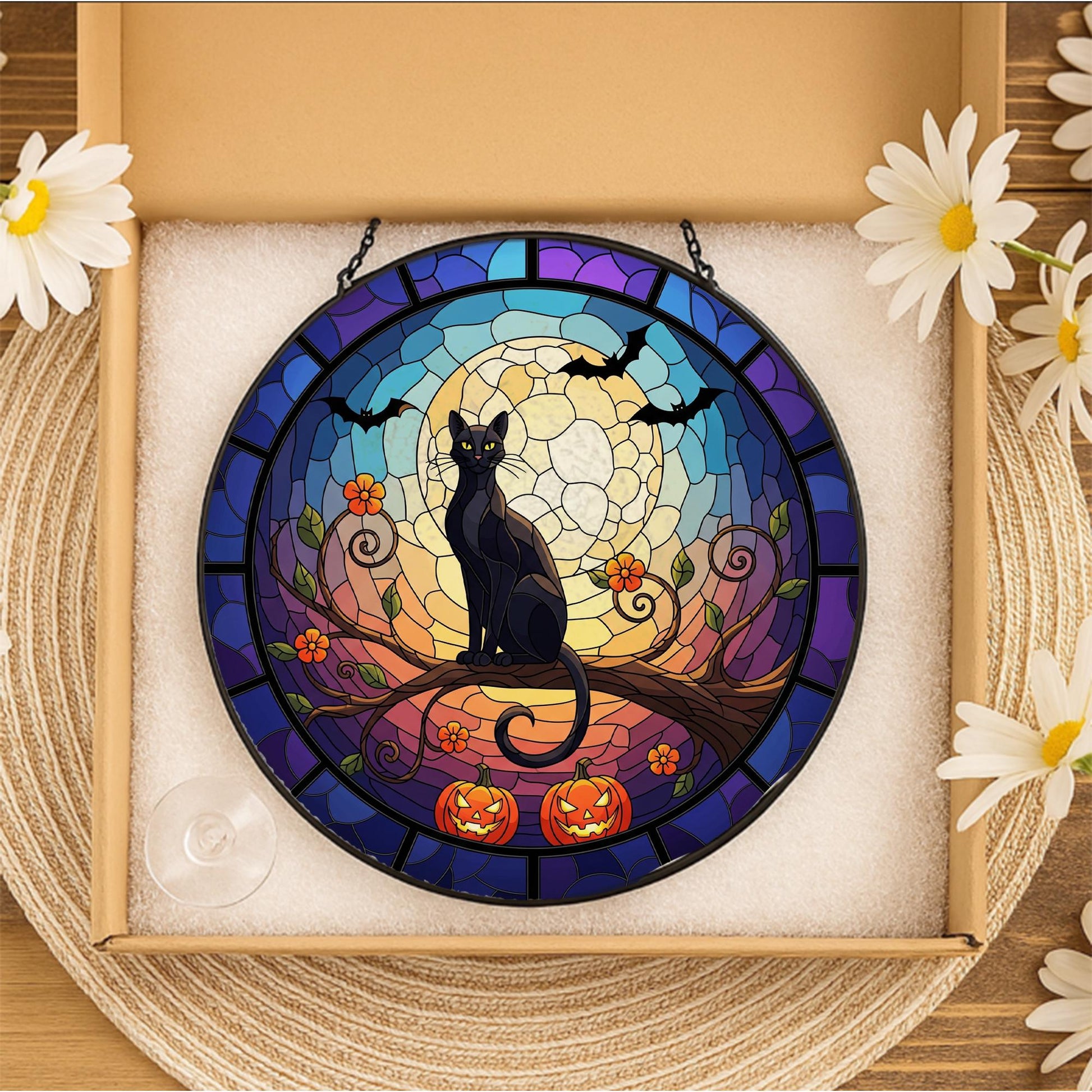 Halloween Black Cat Round Suncatcher, Pumpkin Moon Window Hanging Decoration, Spooky Autumn Sun Catcher for Home Decor