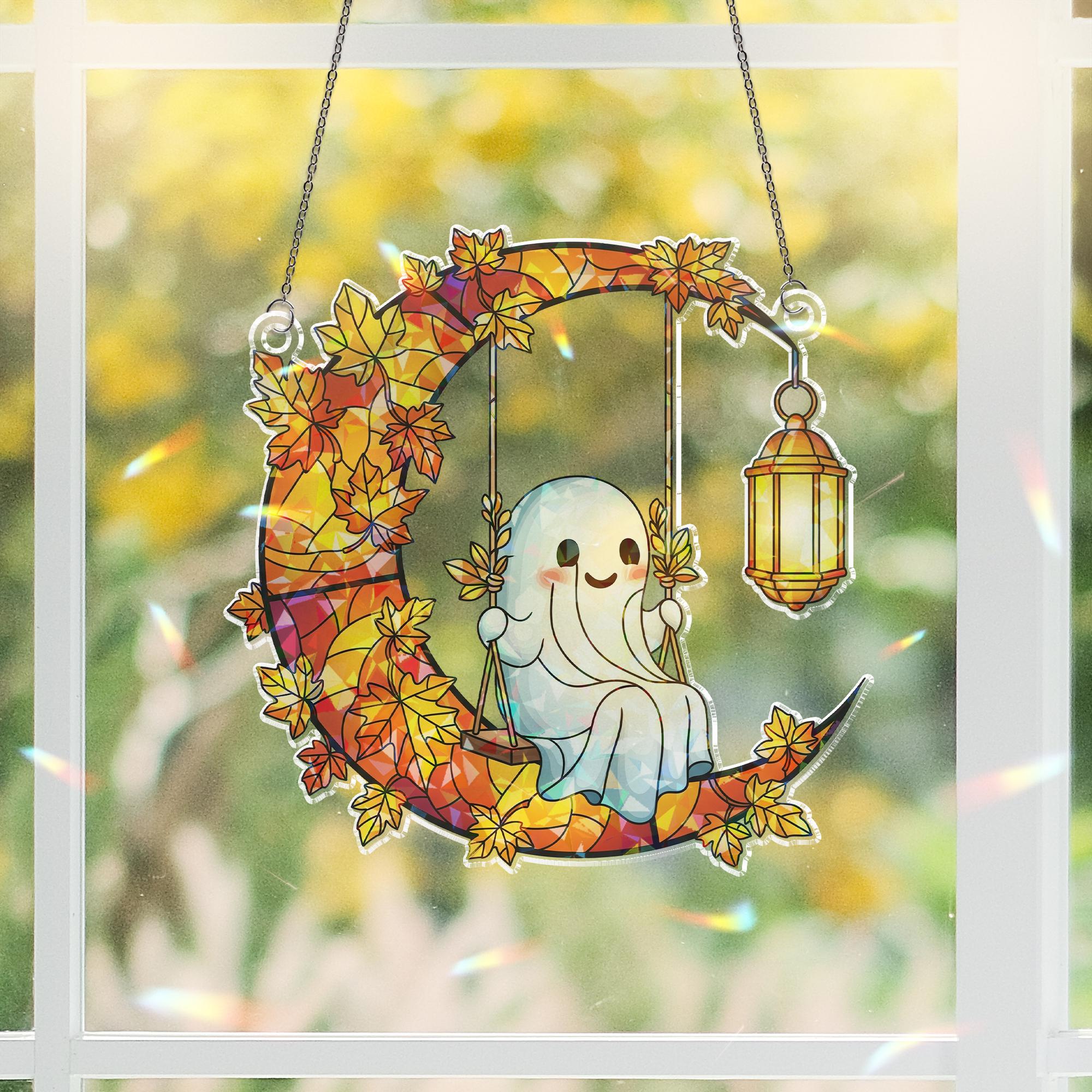Halloween Ghost on Moon Acrylic Suncatcher, Autumn Leaves Window Hanging with Lantern, Cute Fall Home and Party Decoration