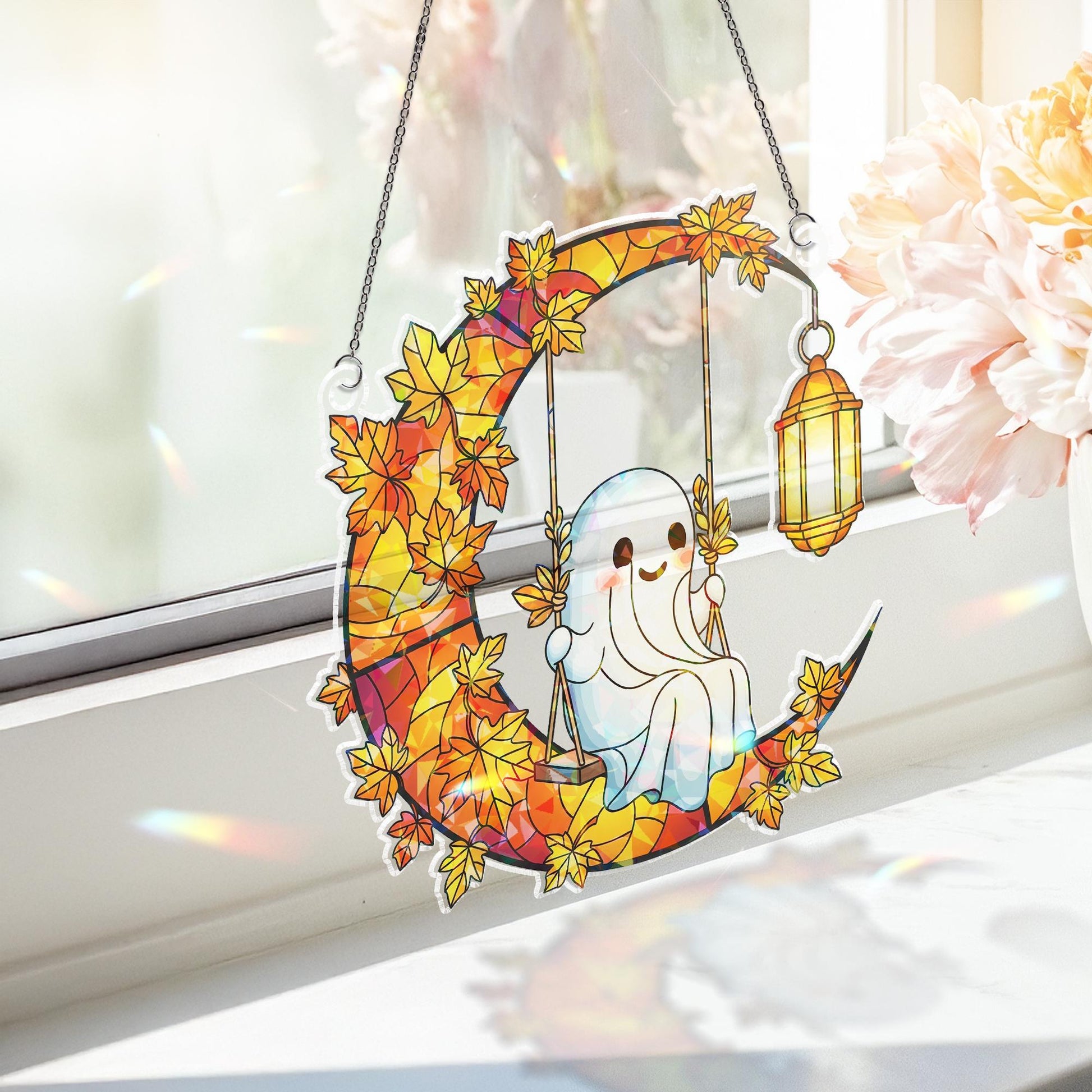 Halloween Ghost on Moon Acrylic Suncatcher, Autumn Leaves Window Hanging with Lantern, Cute Fall Home and Party Decoration