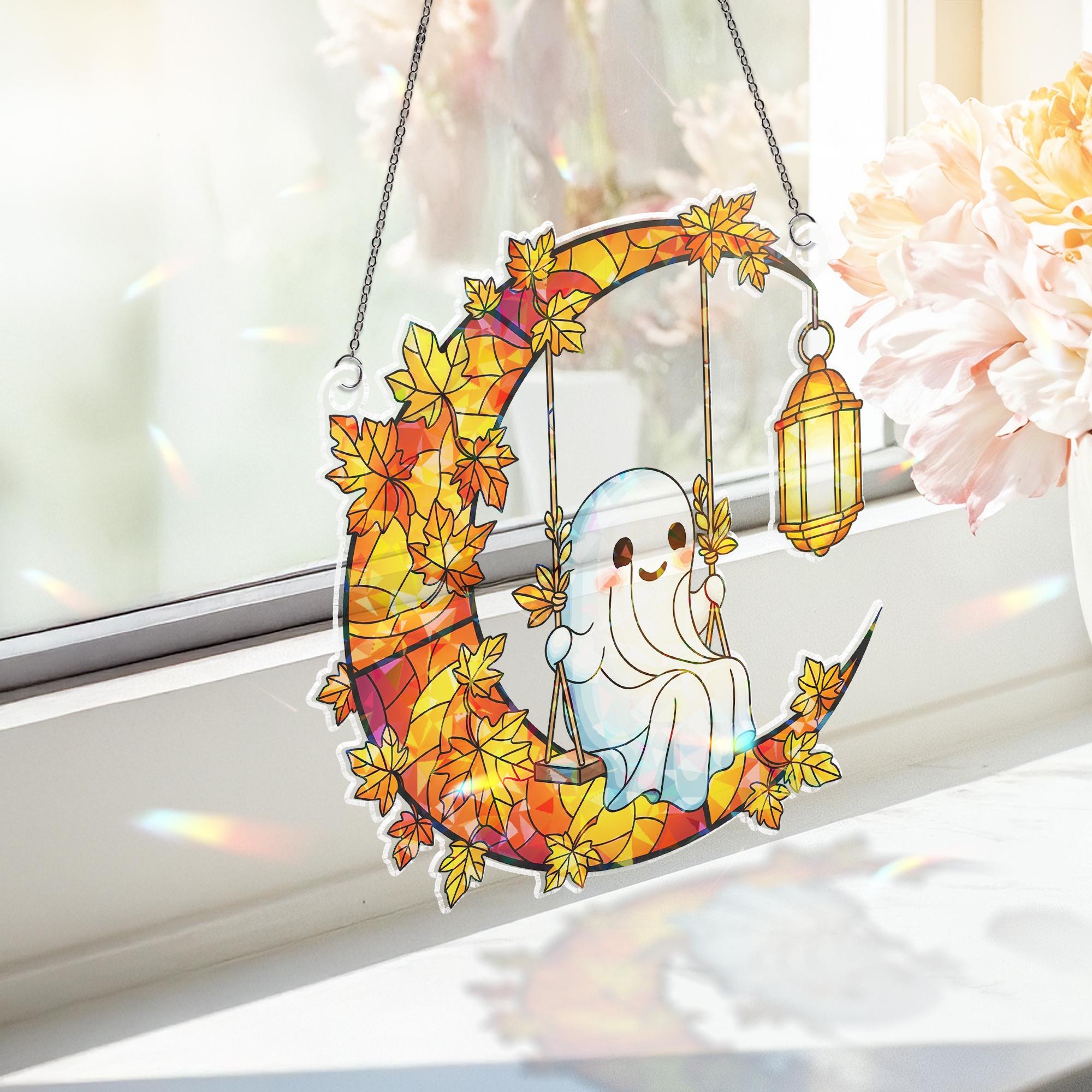 Halloween Ghost on Moon Acrylic Suncatcher, Autumn Leaves Window Hanging with Lantern, Cute Fall Home and Party Decoration