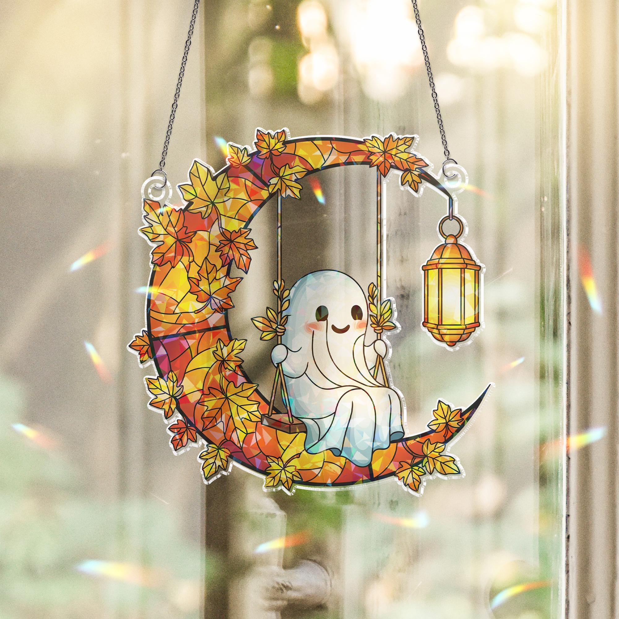 Halloween Ghost on Moon Acrylic Suncatcher, Autumn Leaves Window Hanging with Lantern, Cute Fall Home and Party Decoration