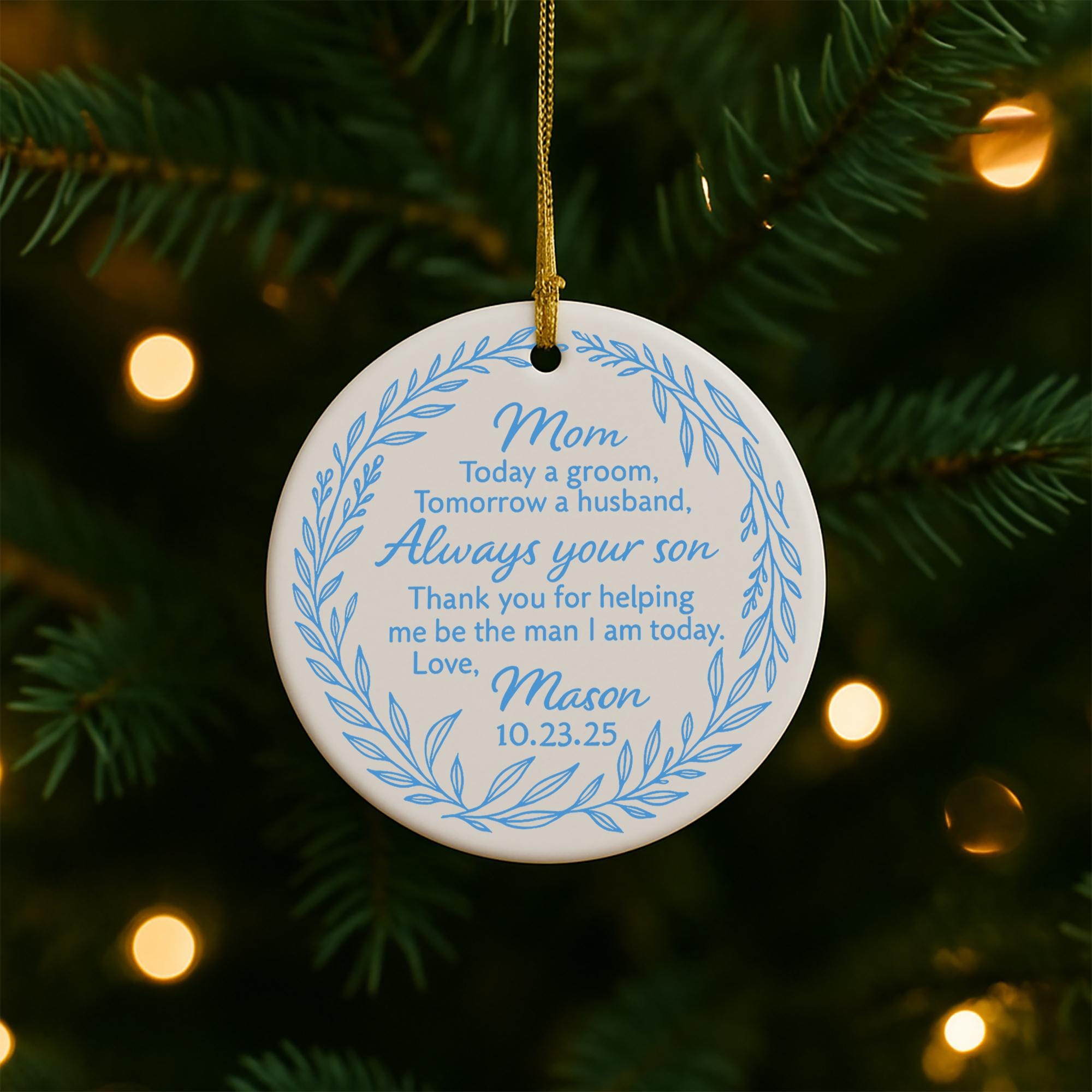 Custom Groom to Mom Wedding Ornament | Chinoiserie Blue and White Ceramic Keepsake | Personalized Mother of the Groom Gift from Son