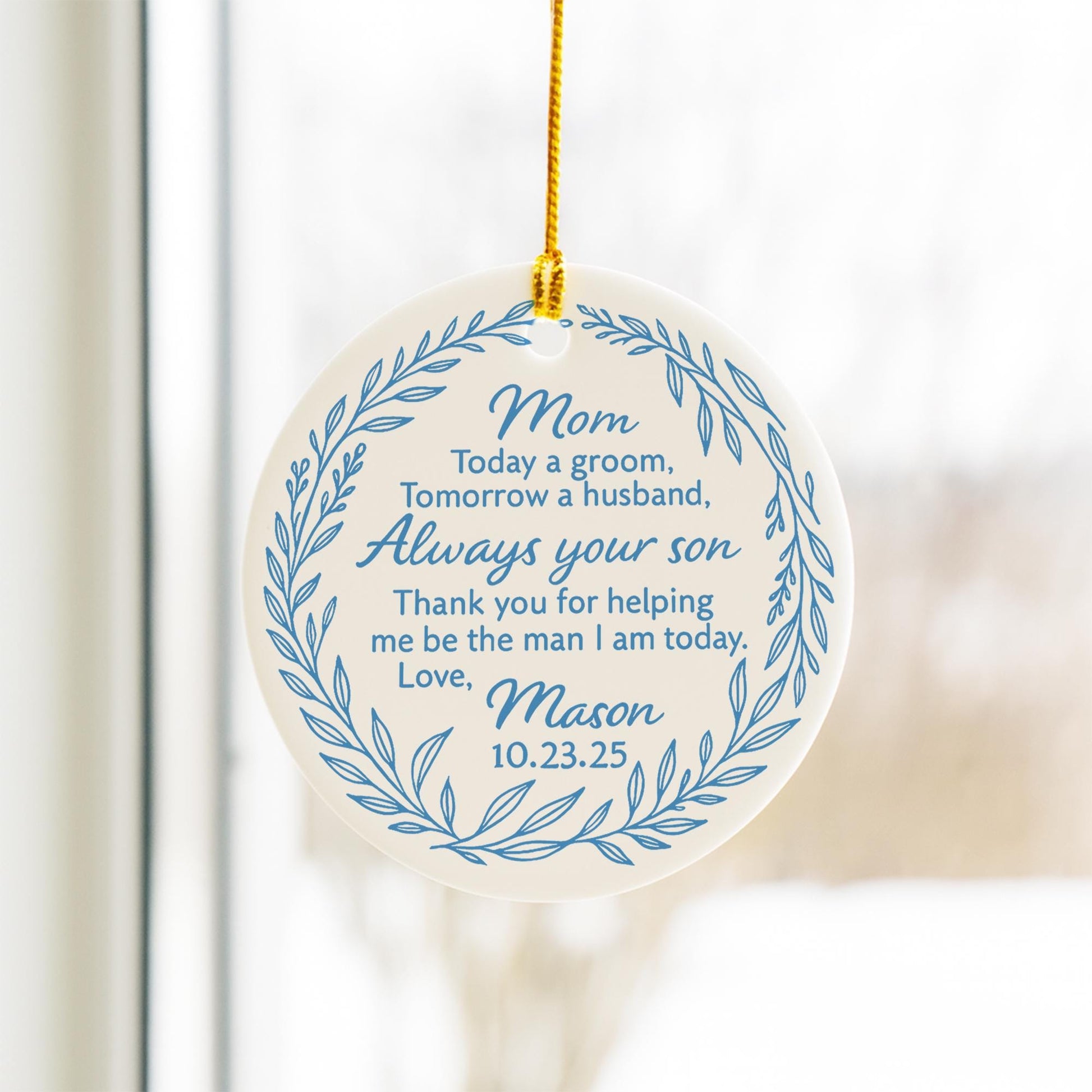 Custom Groom to Mom Wedding Ornament | Chinoiserie Blue and White Ceramic Keepsake | Personalized Mother of the Groom Gift from Son