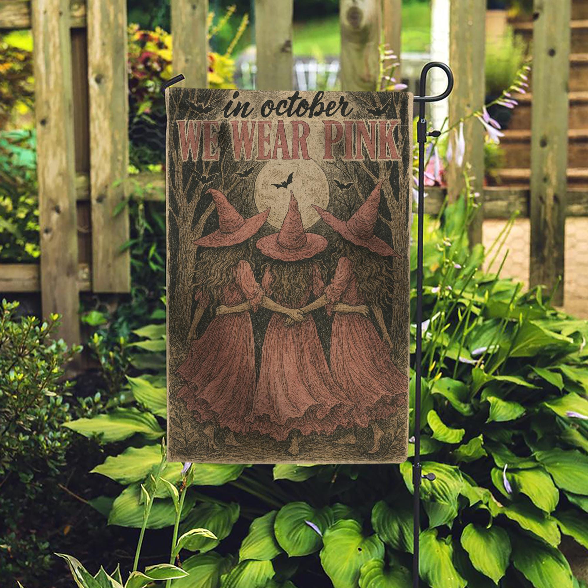 In October We Wear Pink Flag | Breast Cancer Awareness Garden Banner | Witch Halloween Outdoor Yard Decor | Support Survivor Gift