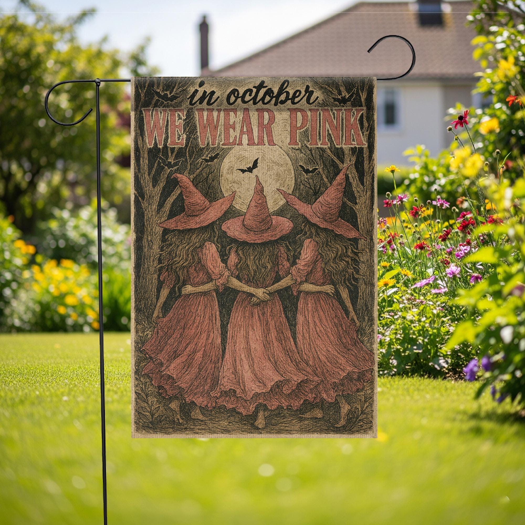 In October We Wear Pink Flag | Breast Cancer Awareness Garden Banner | Witch Halloween Outdoor Yard Decor | Support Survivor Gift