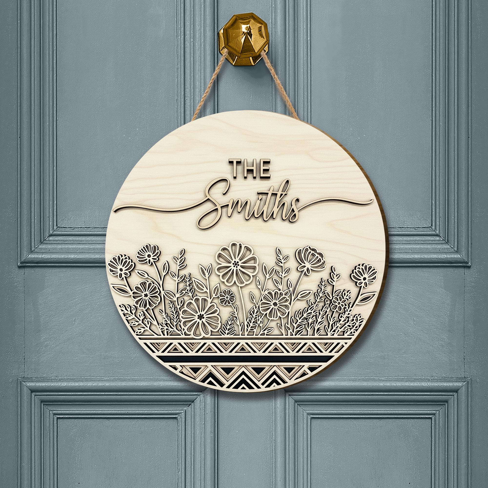 Custom Last Name Sign, Family Name Door Hanger, Wood Door Sign, Round Floral Welcome Sign, Housewarming Gift, Front Door Decor