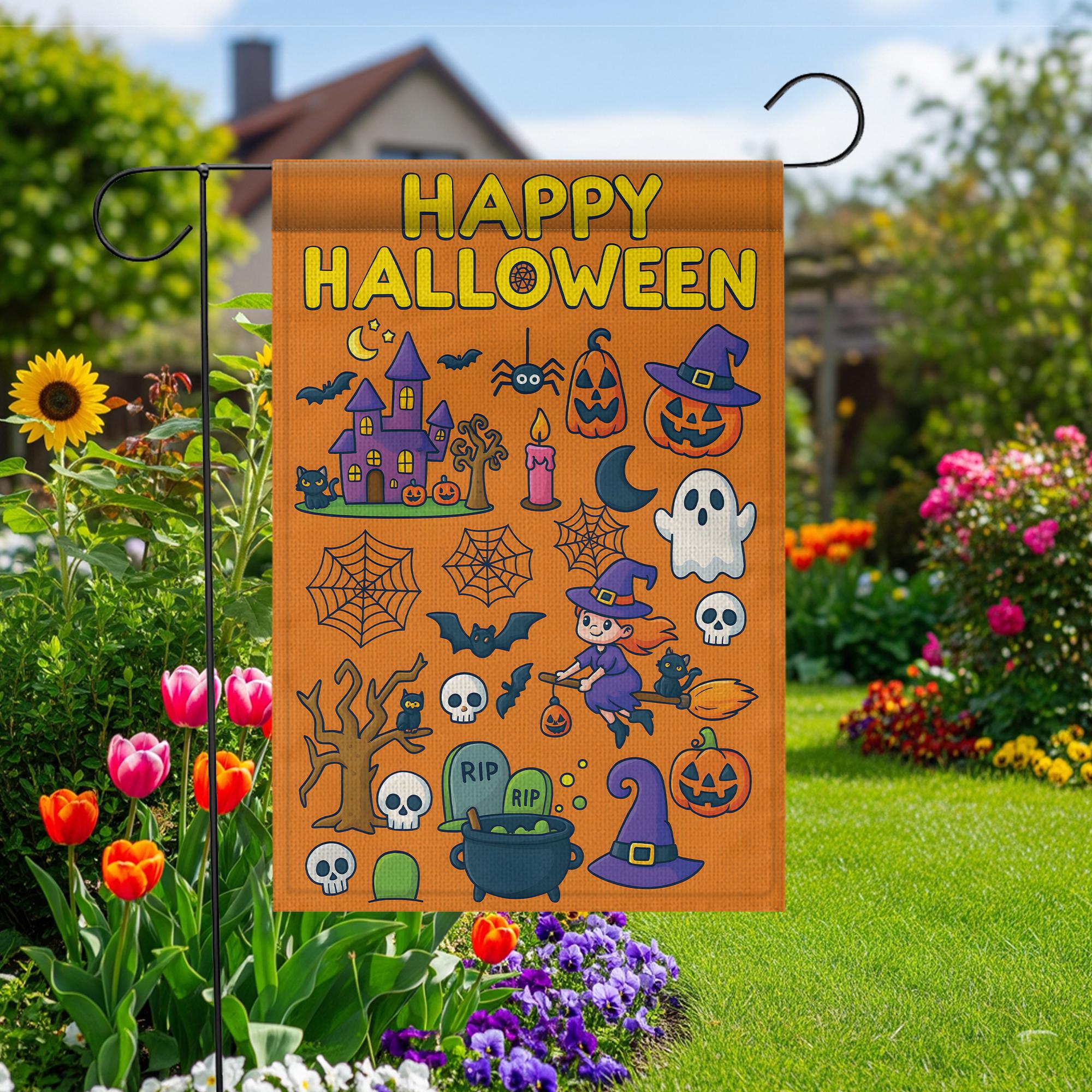 Happy Halloween Garden Flag, Cute Witch Ghost Yard Sign, Spooky Outdoor Decor, Fall Autumn Porch Banner, Double Sided Halloween House Flag
