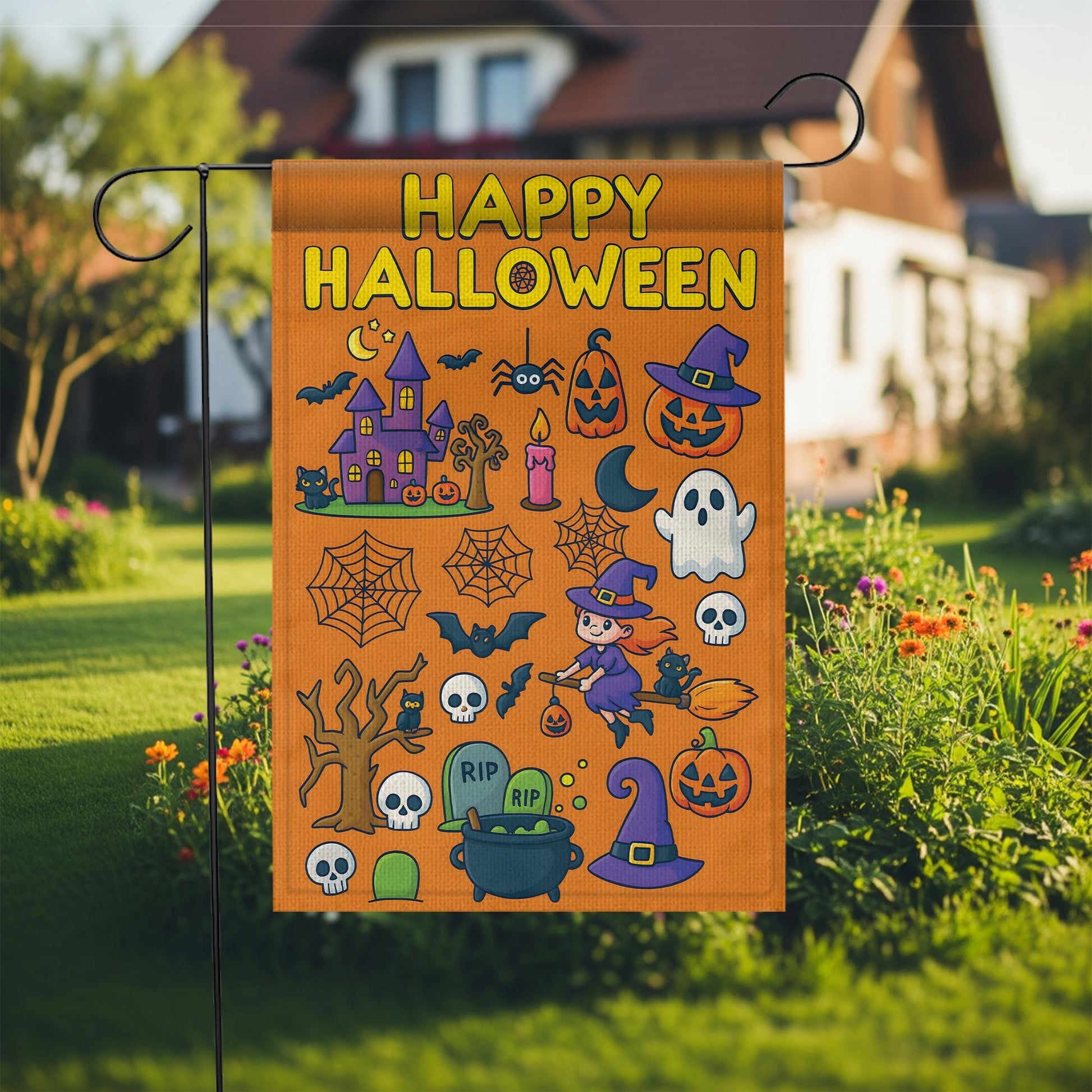 Happy Halloween Garden Flag, Cute Witch Ghost Yard Sign, Spooky Outdoor Decor, Fall Autumn Porch Banner, Double Sided Halloween House Flag