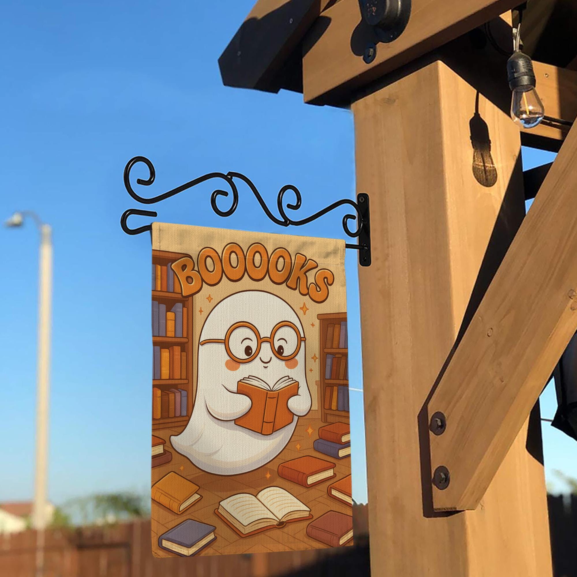 Booooks Ghost Garden Flag, Cute Halloween Decor for Book Lovers, Spooky Season Bookworm Yard Art, Bookish Porch Sign